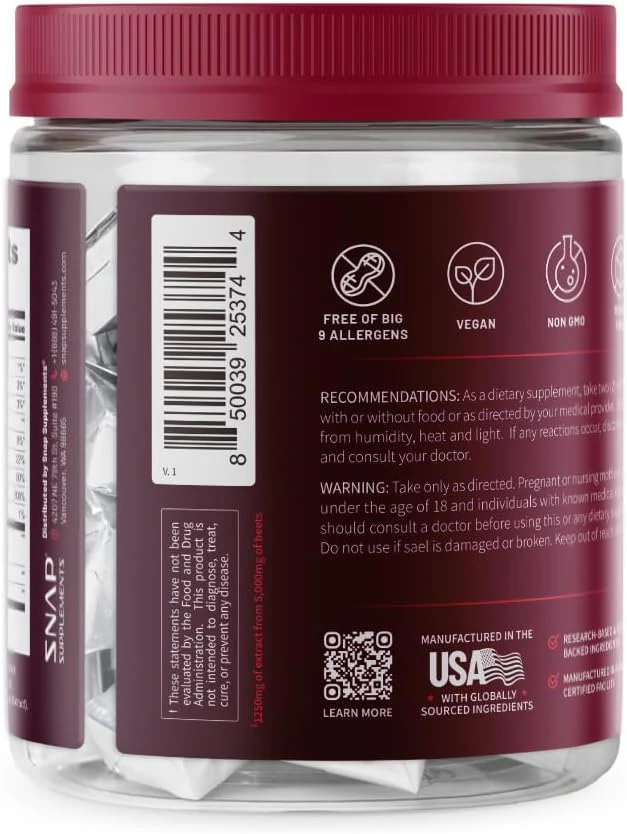 Snap Supplements Heart Beets Beet Root Soft Chews, Cardiovascular Support Supplement for Men & Women, CoQ10 & Acai, Energy & Circulation Support, Sugar Free, Mixed Berry, 60 Soft Chews - Image 3