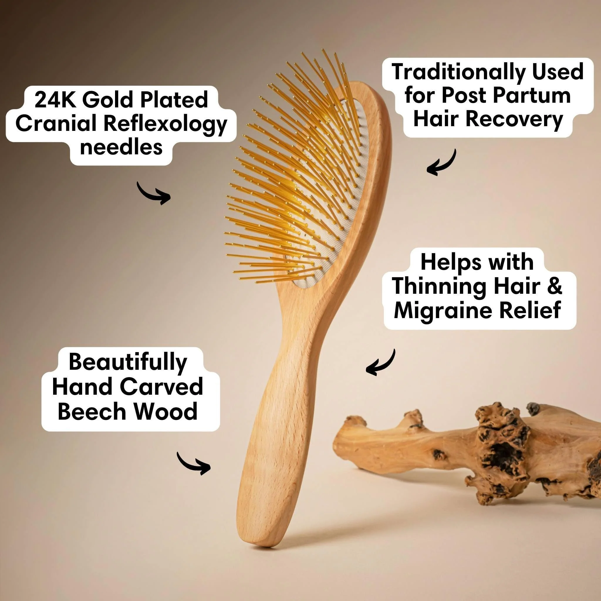 Snow Fox Skincare Gua Sha Hair Brush - Wooden Edition. Scalp Massage Comb with Gold-Plated Metal Bristles for Healthy Follicles. Soothing Gua Sha Acupressure Tool for All Hair Types - Image 10