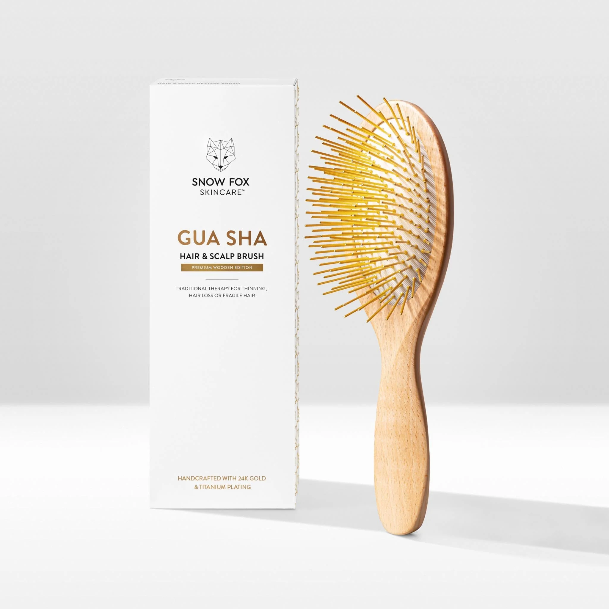 Snow Fox Skincare Gua Sha Hair Brush - Wooden Edition. Scalp Massage Comb with Gold-Plated Metal Bristles for Healthy Follicles. Soothing Gua Sha Acupressure Tool for All Hair Types - Image 7