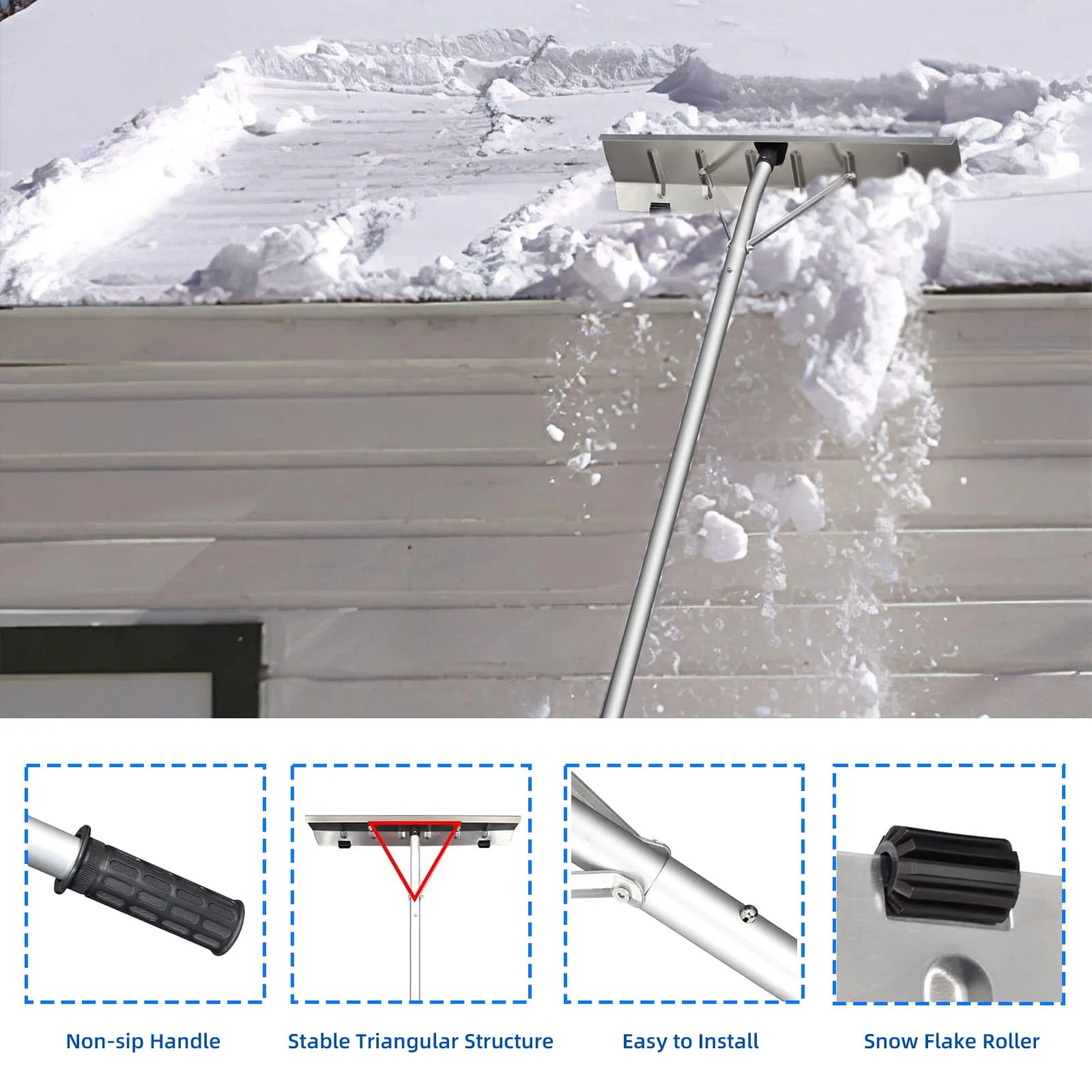 Snow Roof Rake - 4-20FT Extendable Snow Rake for House Roof, Aluminum Snow Removal Rake with 5 Lightweight Tubes, 25.5" Wide Blade Snow Shovel Roof Rake Easy Removal Ice Debris - Image 4