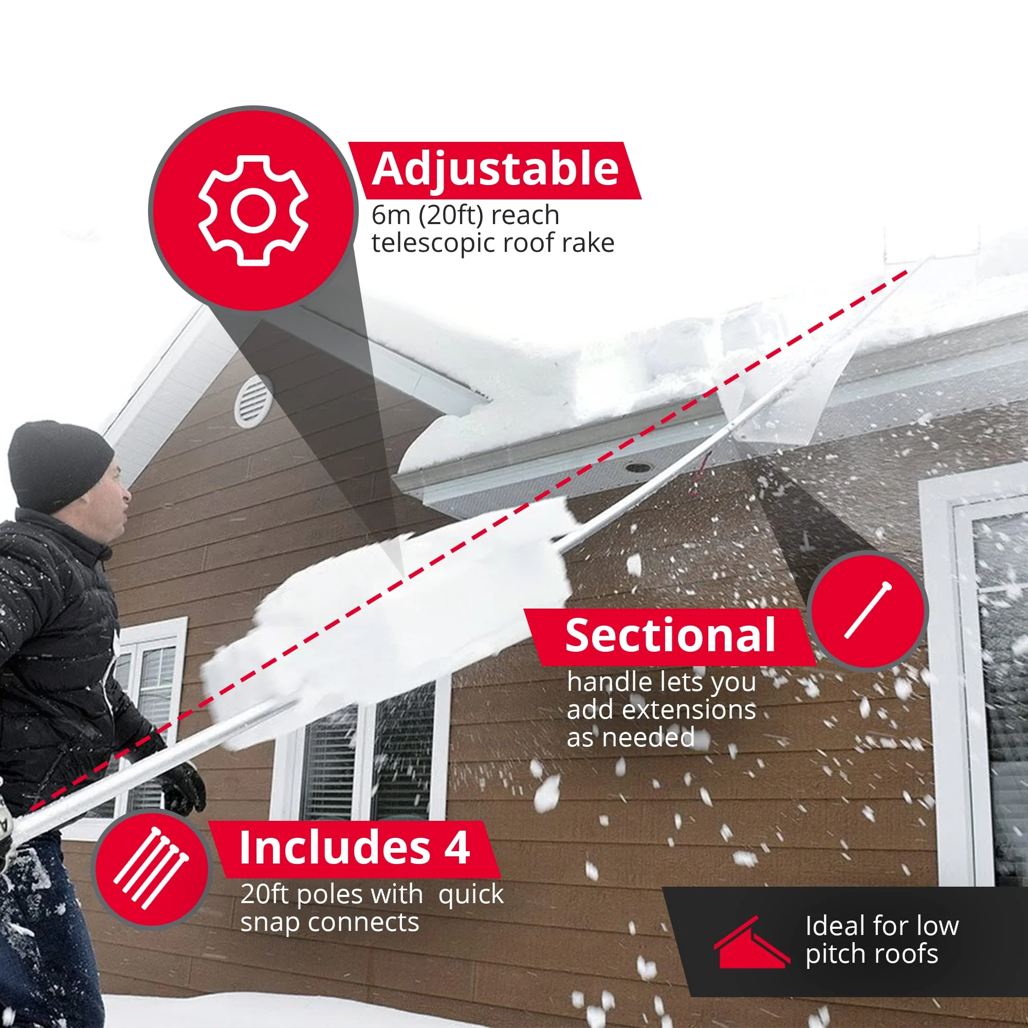 SNOWPEELER Classic Roof Rake for Snow Removal - 20 ft. Snow Removal Tool - Snow Rake for House Roof - Snow Roof Rake - Telescopic Heavy Duty Snow Shovel for Rooftop - Image 5