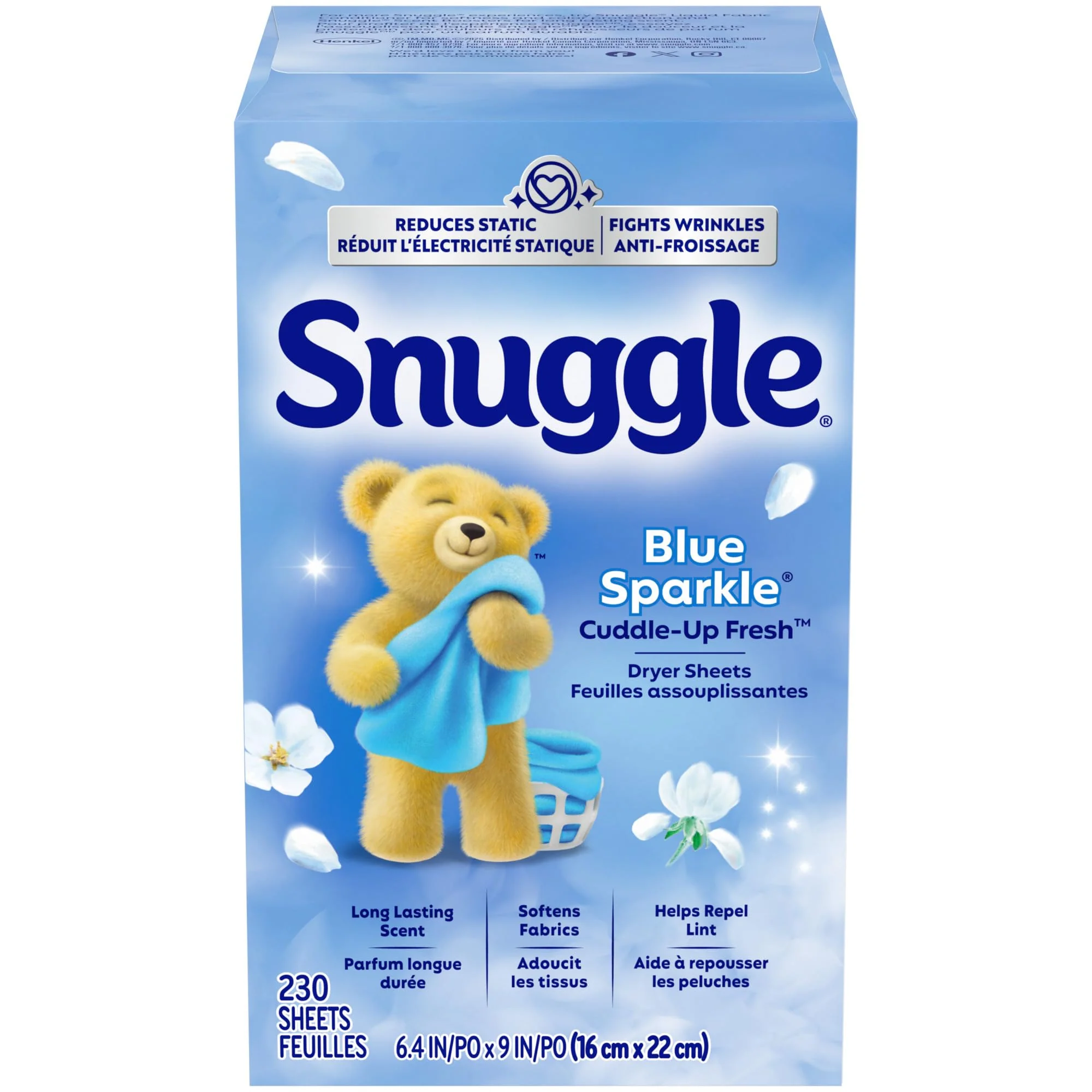 Snuggle Fabric Softener Dryer Sheets, Blue Sparkle Cuddle-Up Fresh, 230 Ct, Long-Lasting Fresh & Clean Scent, Softens Fabric, Reduces Static, Fights Wrinkles, Helps Repel Lint & Pet Hair, HE Safe - Image 6