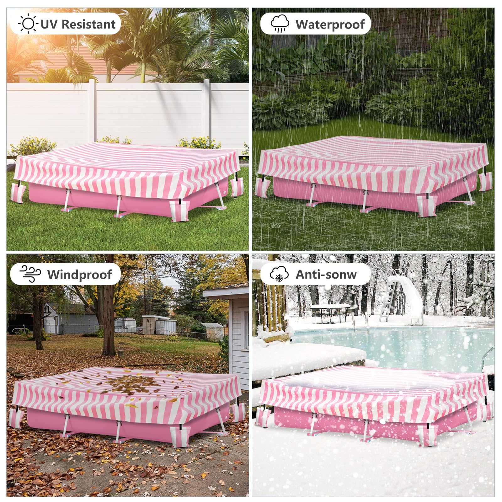 Sobana Rectangular Pool Cover,Waterproof Covers for 7' x 5' x 24" Rectangular Metal Frame Above Ground Outdoor Swimming Pool,with Tie-Down Ropes & 4 Sandbags,Increase Stability(Cover only,Pink) - Image 2