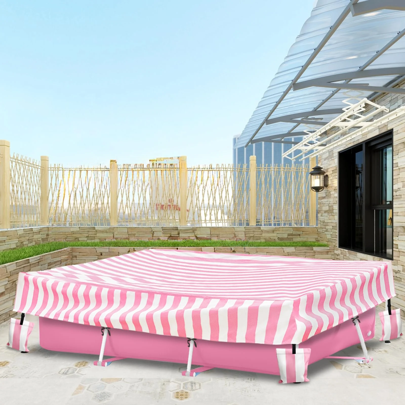 Sobana Rectangular Pool Cover,Waterproof Covers for 7' x 5' x 24" Rectangular Metal Frame Above Ground Outdoor Swimming Pool,with Tie-Down Ropes & 4 Sandbags,Increase Stability(Cover only,Pink) - Image 3