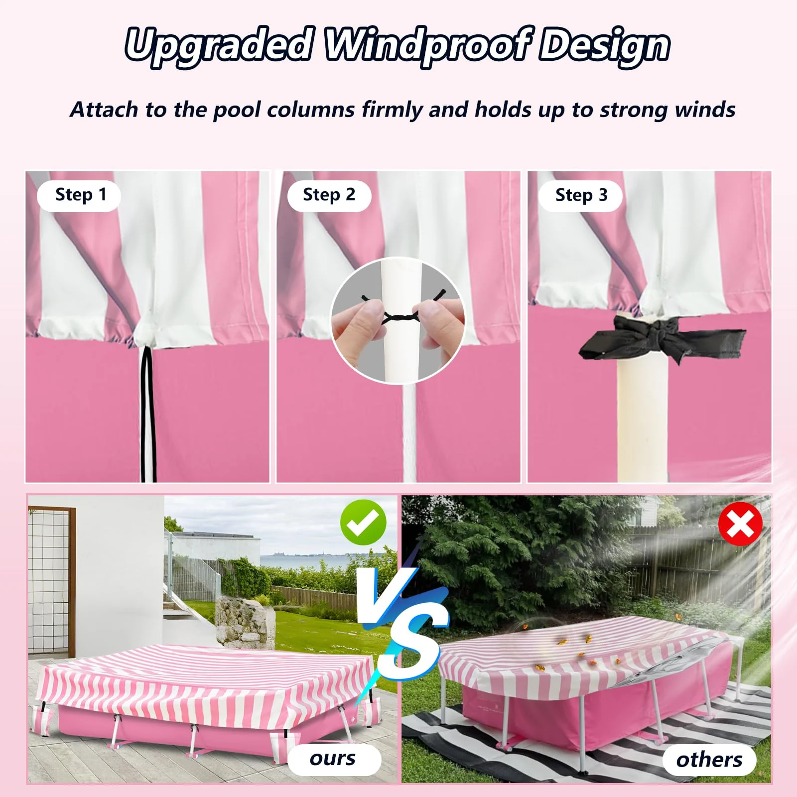 Sobana Rectangular Pool Cover,Waterproof Covers for 7' x 5' x 24" Rectangular Metal Frame Above Ground Outdoor Swimming Pool,with Tie-Down Ropes & 4 Sandbags,Increase Stability(Cover only,Pink) - Image 4