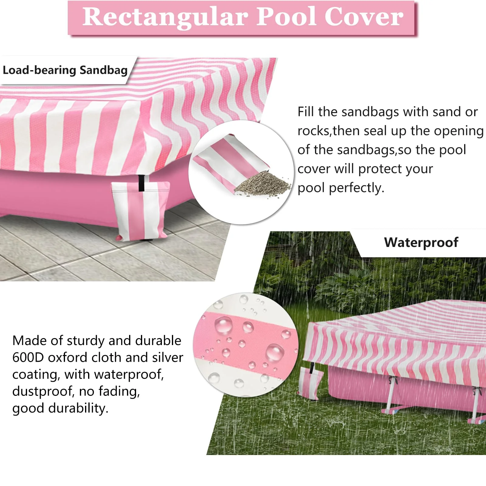 Sobana Rectangular Pool Cover,Waterproof Covers for 7' x 5' x 24" Rectangular Metal Frame Above Ground Outdoor Swimming Pool,with Tie-Down Ropes & 4 Sandbags,Increase Stability(Cover only,Pink) - Image 5