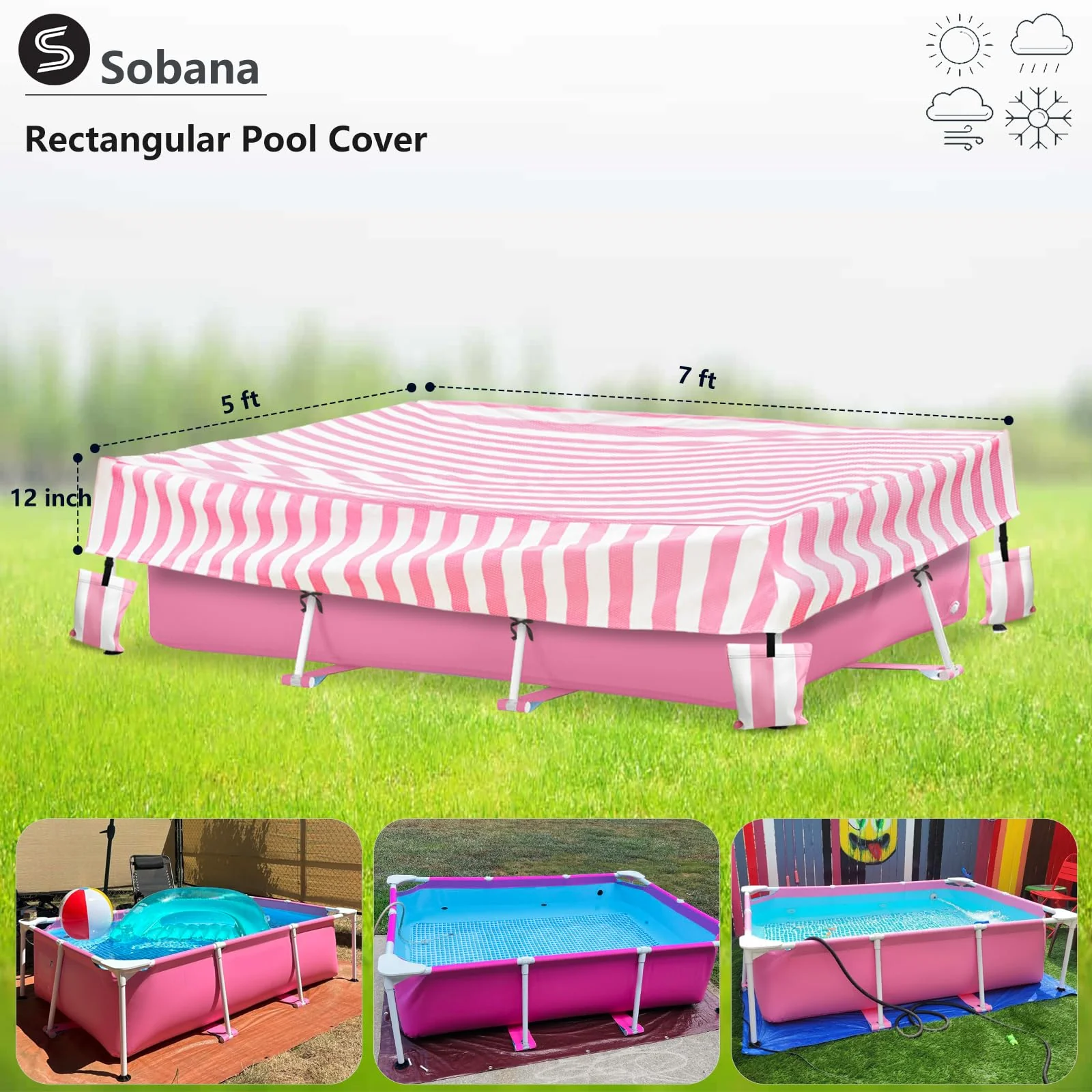 Sobana Rectangular Pool Cover,Waterproof Covers for 7' x 5' x 24" Rectangular Metal Frame Above Ground Outdoor Swimming Pool,with Tie-Down Ropes & 4 Sandbags,Increase Stability(Cover only,Pink) - Image 7