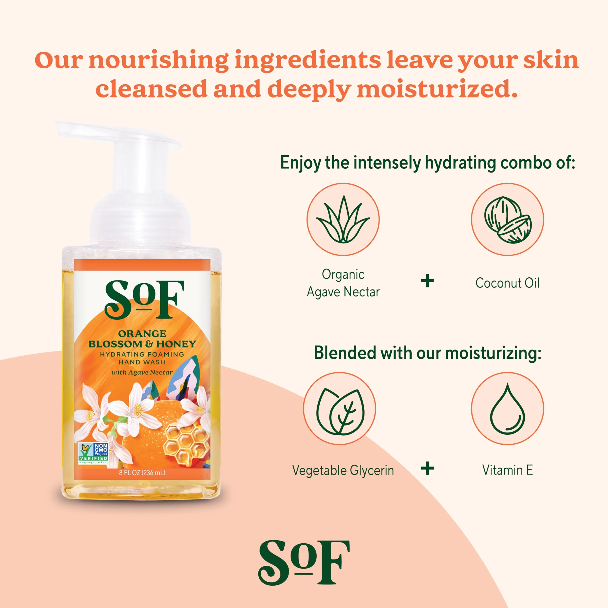 SoF Hydrating Foaming Hand Wash - With Organic Agave Nectar & Coconut Oil- Vegan & Non GMO- Free From Phthalates, Sulfates & Parabens- Orange Blossom & Honey - 8 oz Bottle 3 Pack - Image 4