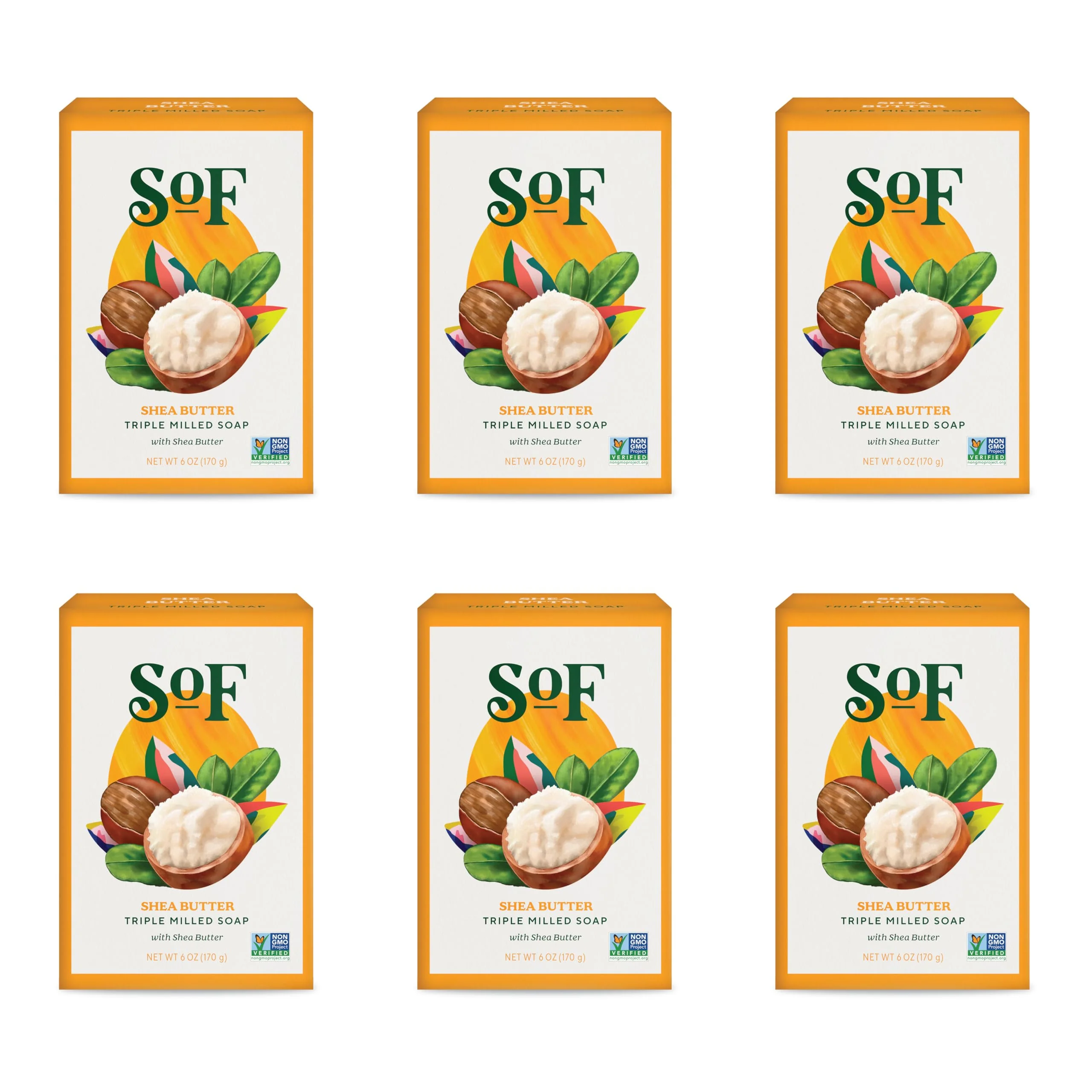 SoF Triple Milled Bar Soap - With Coconut Oil & Organic Shea Butter- Vegan & Non GMO- Free From Phthalates, Sulfates & Parabens- Shea Butter - 6 oz Bar 6 Bars