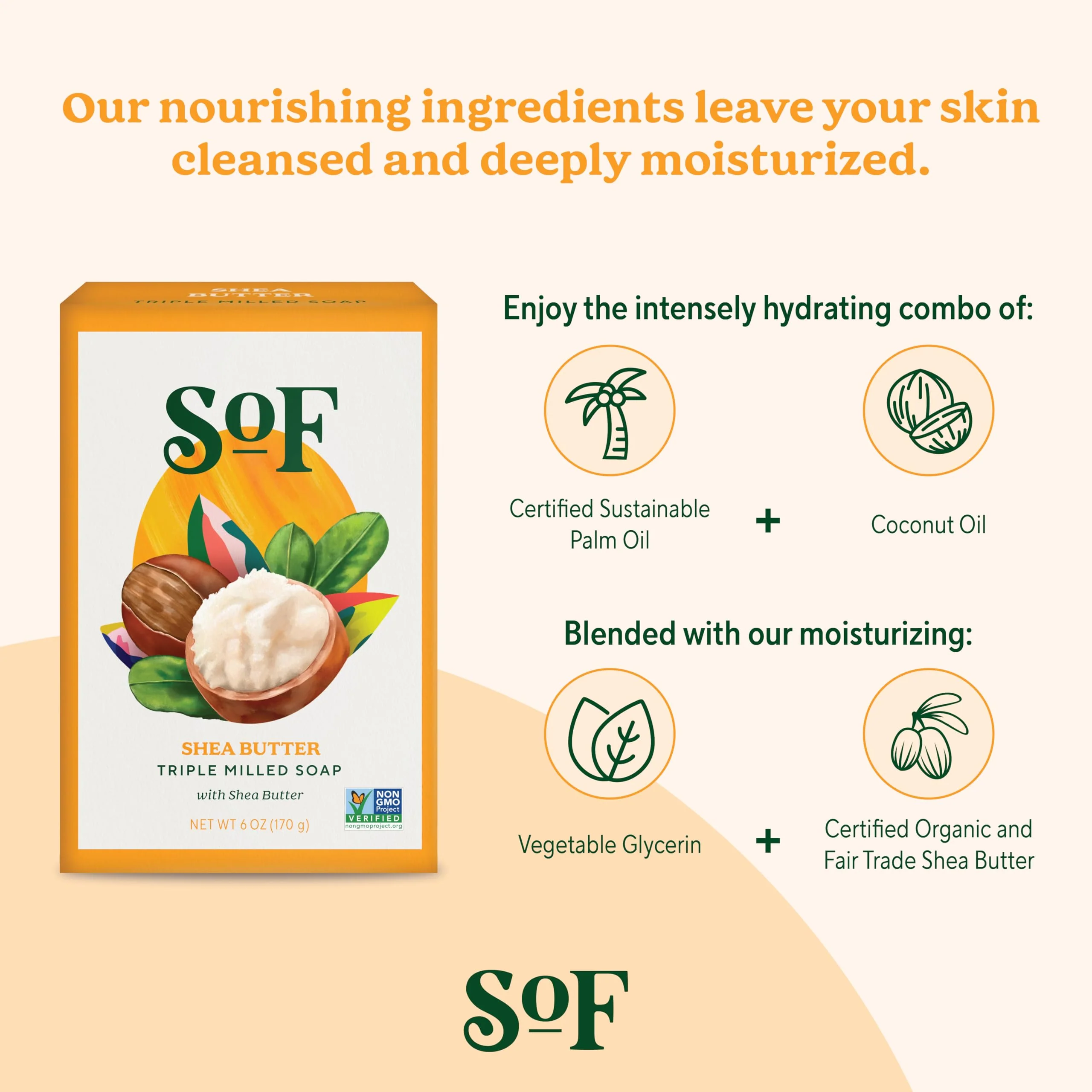 SoF Triple Milled Bar Soap - With Coconut Oil & Organic Shea Butter- Vegan & Non GMO- Free From Phthalates, Sulfates & Parabens- Shea Butter - 6 oz Bar 6 Bars - Image 4