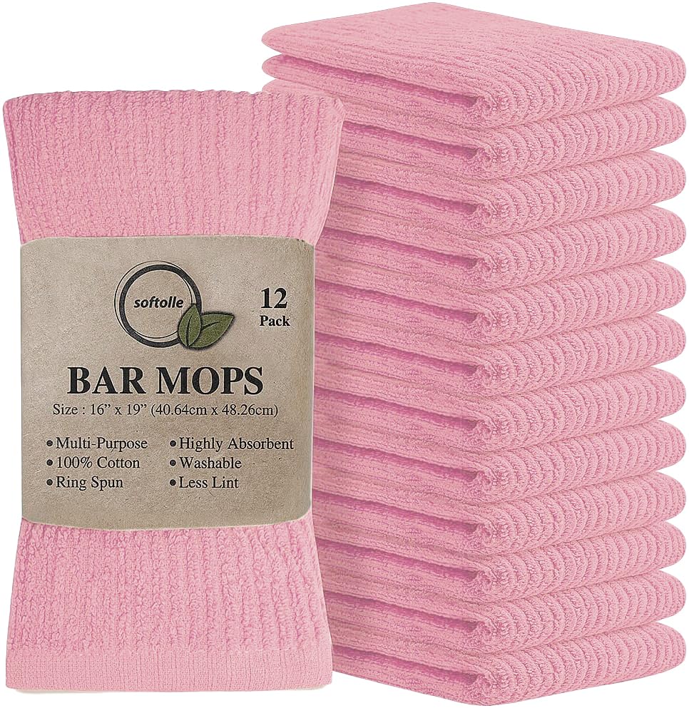 Softolle Bar Mop Towels, Pack of 12-16x19 Inches - 100% Cotton Super Absorbent Towels, Multi-Purpose for Home and Bar Cleaning (Pink)