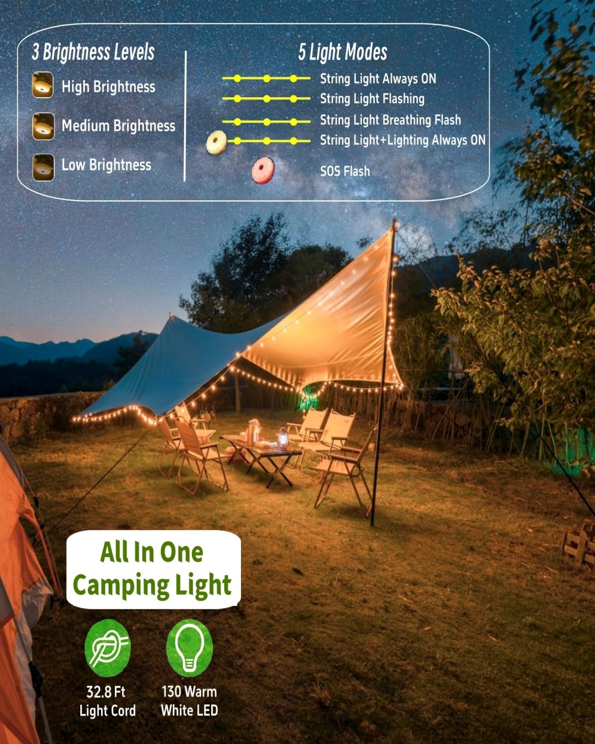 Solar Camping String Lights, 4 in 1 Fairy String Lights, Portable Waterproof Camp Lamp with 8 Lighting Modes, Hanging Rechargeable Tent Lantern for Christmas Decorations Patio Party Essentials-32.8 FT - Image 6