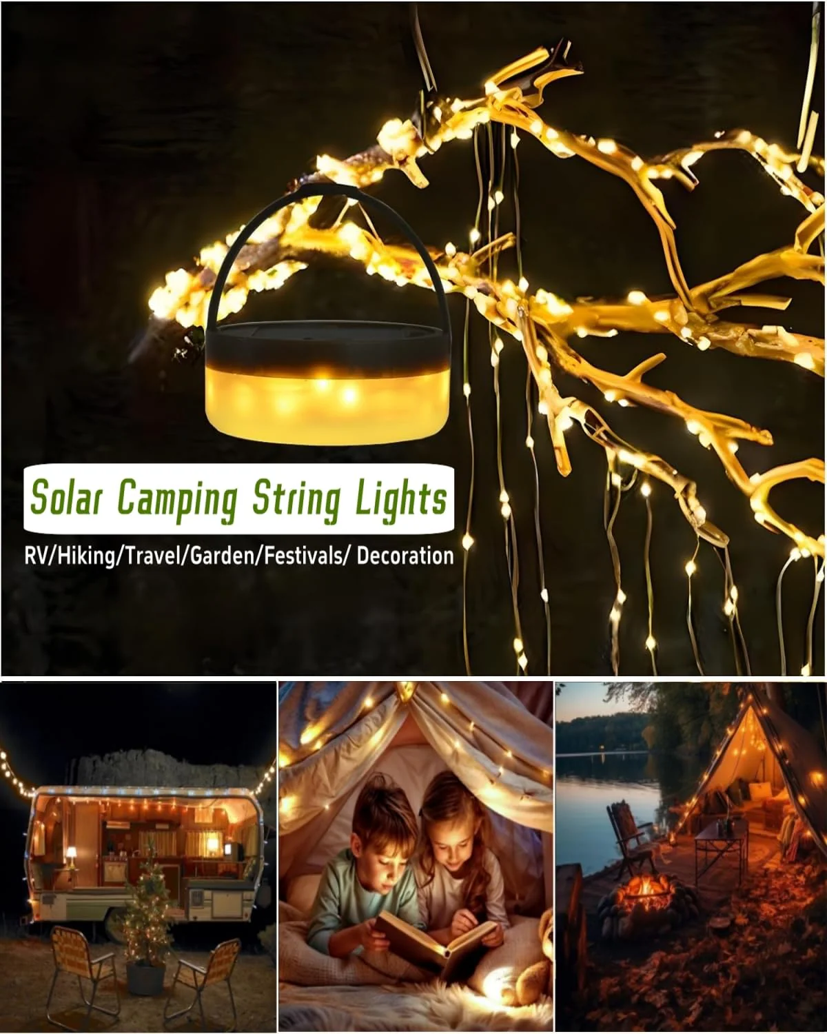 Solar Camping String Lights, 4 in 1 Fairy String Lights, Portable Waterproof Camp Lamp with 8 Lighting Modes, Hanging Rechargeable Tent Lantern for Christmas Decorations Patio Party Essentials-39.4 FT - Image 5