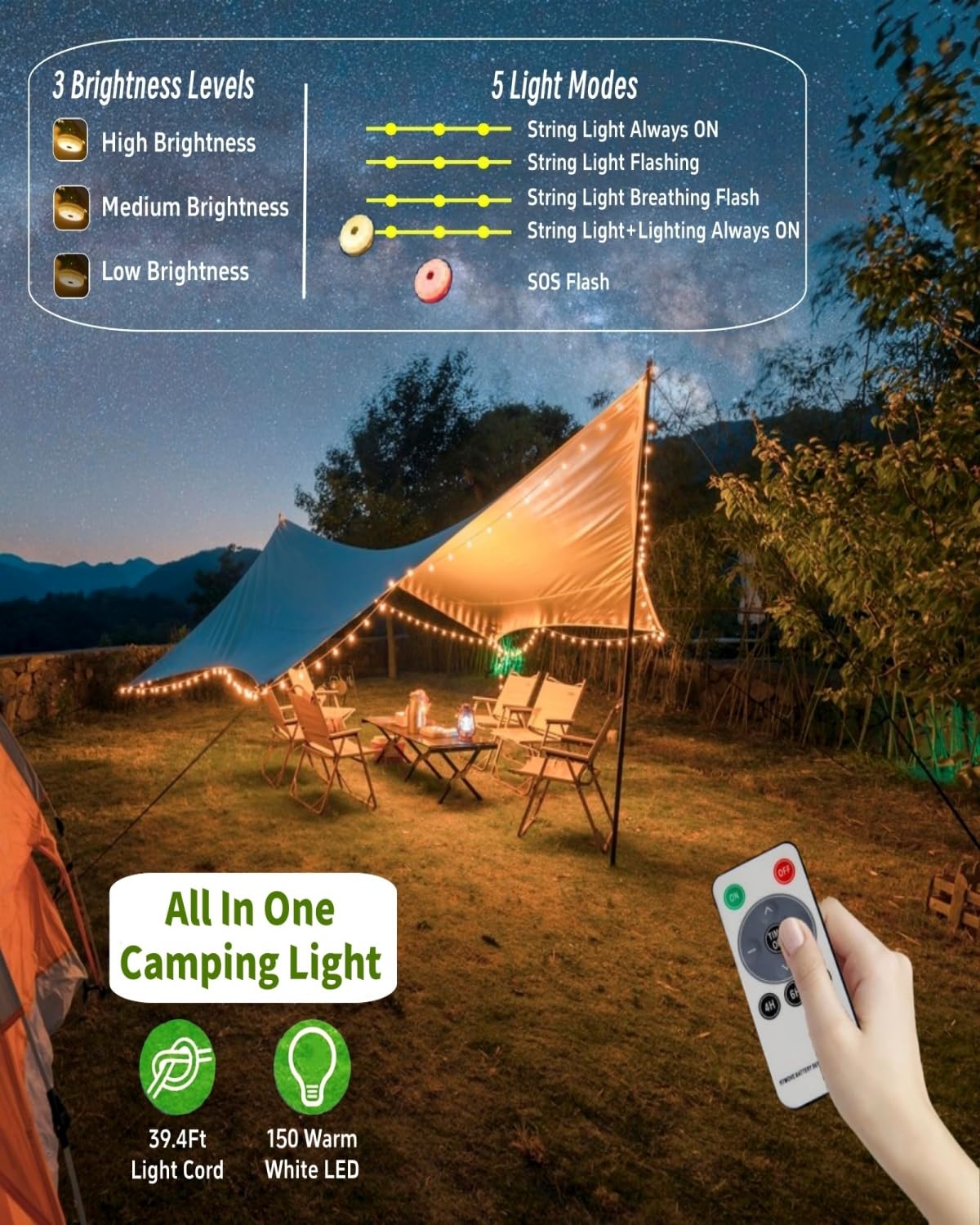 Solar Camping String Lights, 4 in 1 Fairy String Lights, Portable Waterproof Camp Lamp with 8 Lighting Modes, Hanging Rechargeable Tent Lantern for Christmas Decorations Patio Party Essentials-39.4 FT - Image 6