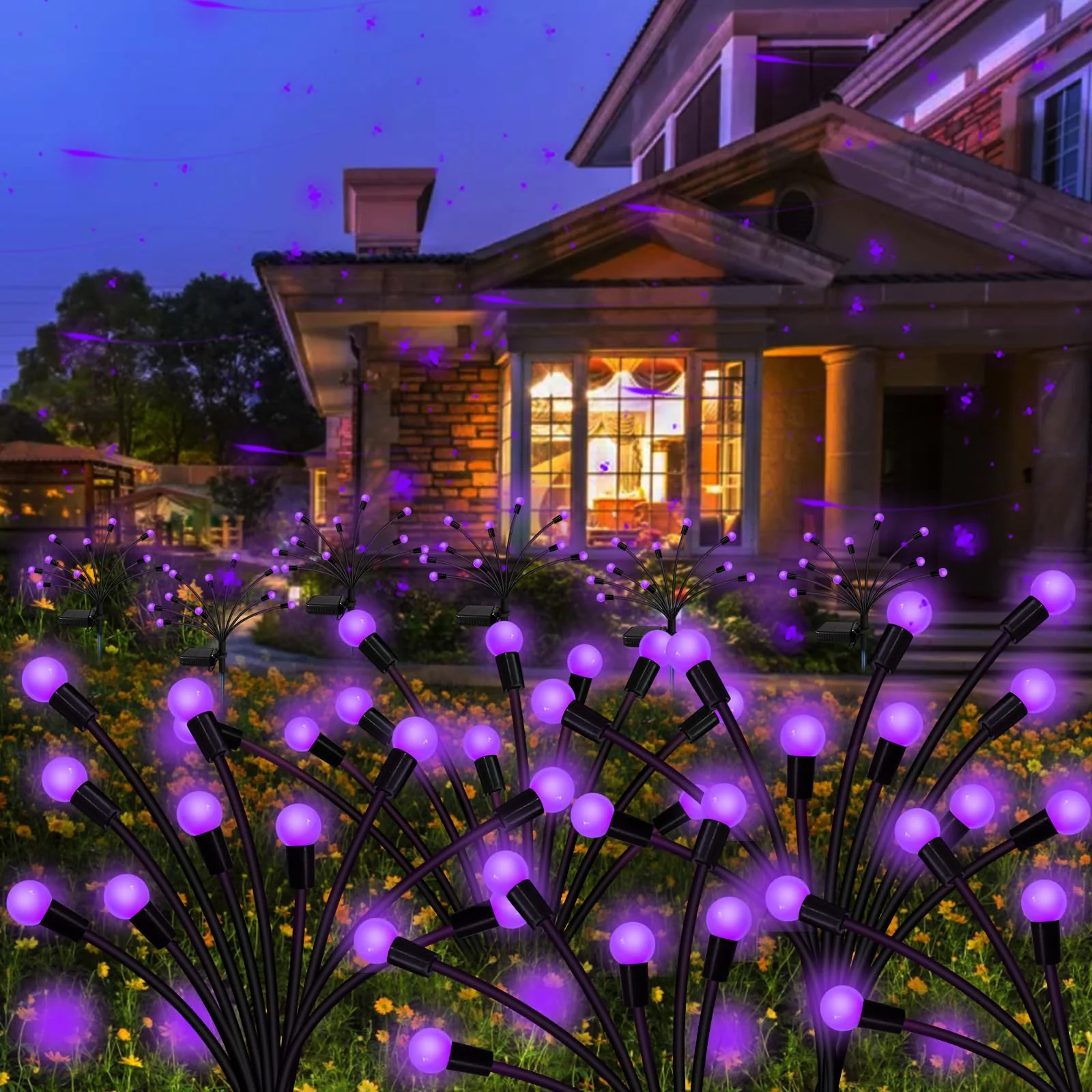 Solar Garden Lights Outdoor, 2 Pack 16 LED Solar Purple Firefly Lights Waterproof, Starburst Wind Swaying Light for Outside Yard Patio Planter Flower Bed Walkway Halloween Christmas Decoration - Image 2