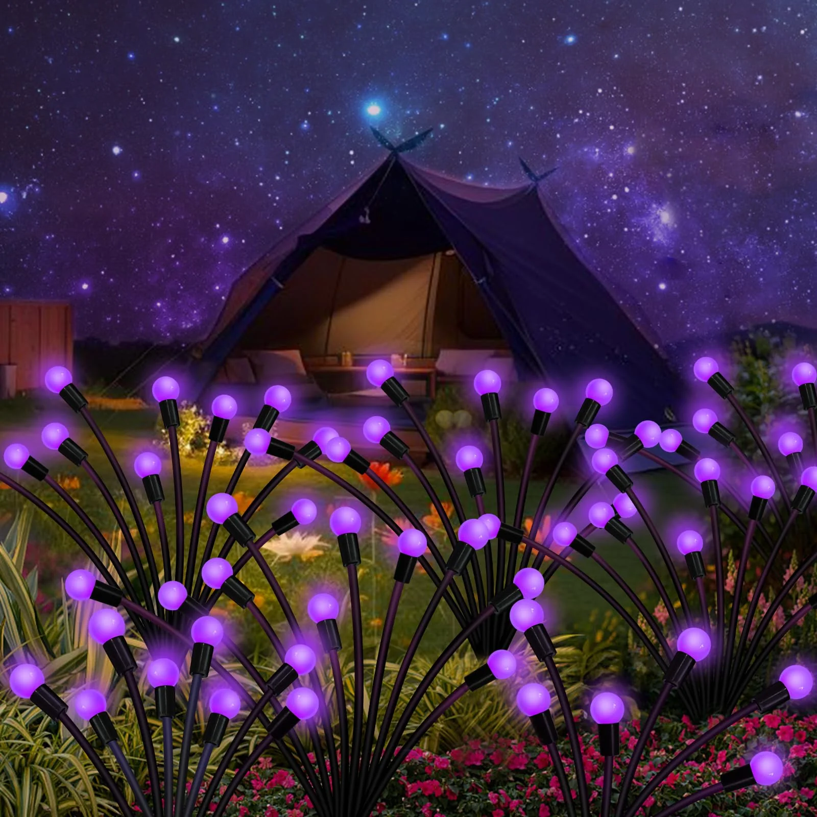 Solar Garden Lights Outdoor, 2 Pack 16 LED Solar Purple Firefly Lights Waterproof, Starburst Wind Swaying Light for Outside Yard Patio Planter Flower Bed Walkway Halloween Christmas Decoration - Image 6