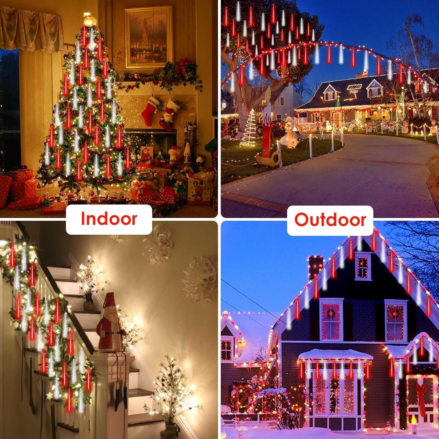 Solar Meteor Shower Lights Outdoor Decorations, Waterproof Christmas Lights Solar Powered, 16 Tubes 384LED Icicle String Light, Snow Cascading Raindrop Light for Tree Party Garden Decor(Red and White) - Image 5
