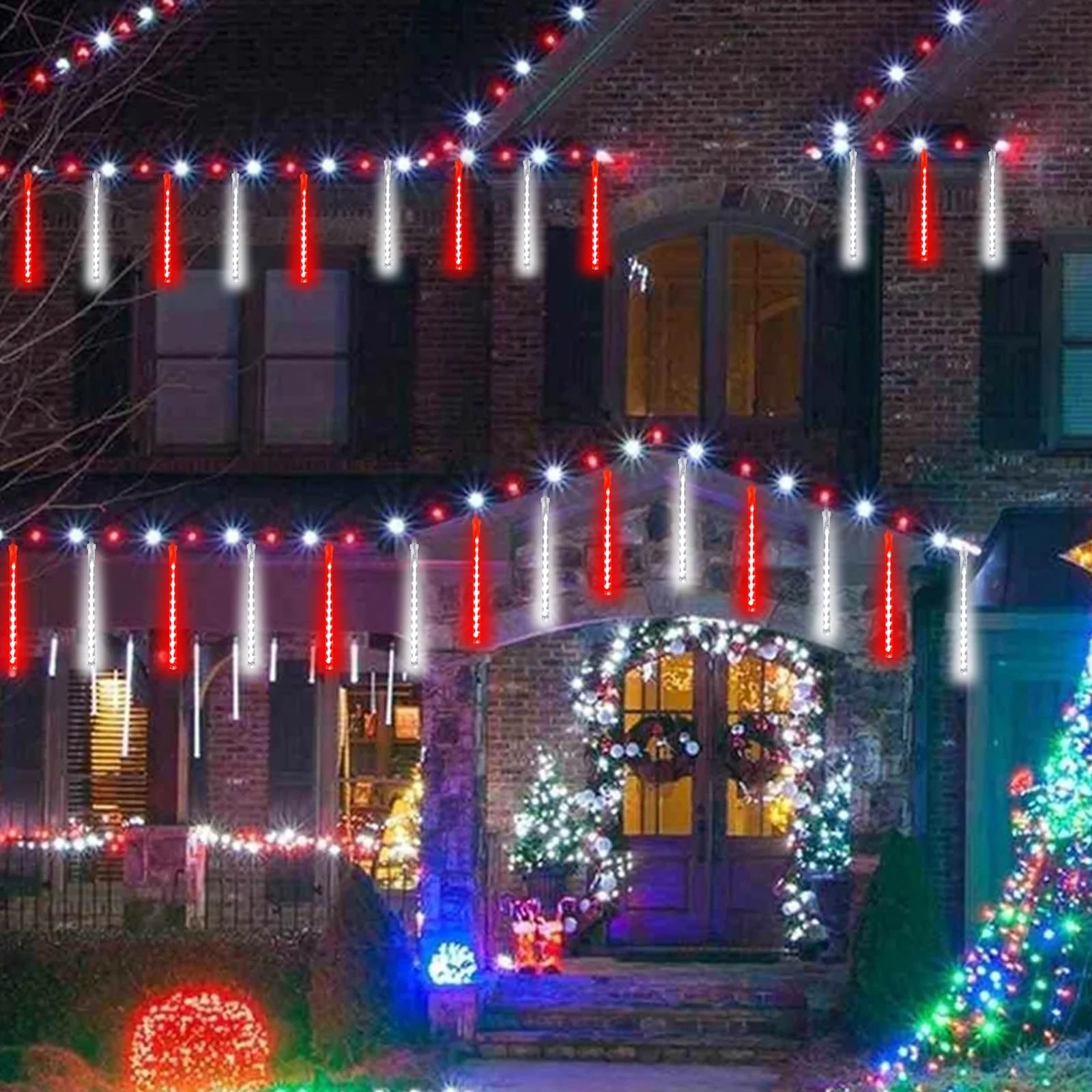 Solar Meteor Shower Lights Outdoor Decorations, Waterproof Christmas Lights Solar Powered, 16 Tubes 384LED Icicle String Light, Snow Cascading Raindrop Light for Tree Party Garden Decor(Red and White) - Image 6