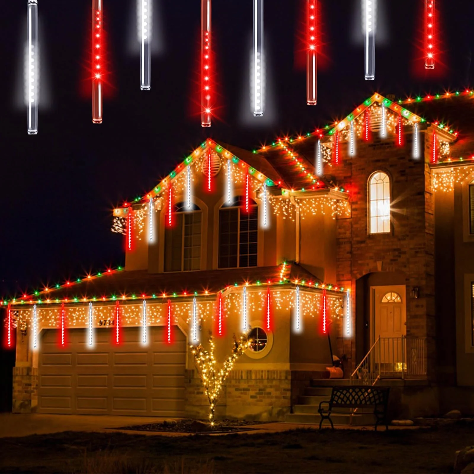 Solar Meteor Shower Lights Outdoor Decorations, Waterproof Christmas Lights Solar Powered, 16 Tubes 384LED Icicle String Light, Snow Cascading Raindrop Light for Tree Party Garden Decor(Red and White) - Image 7