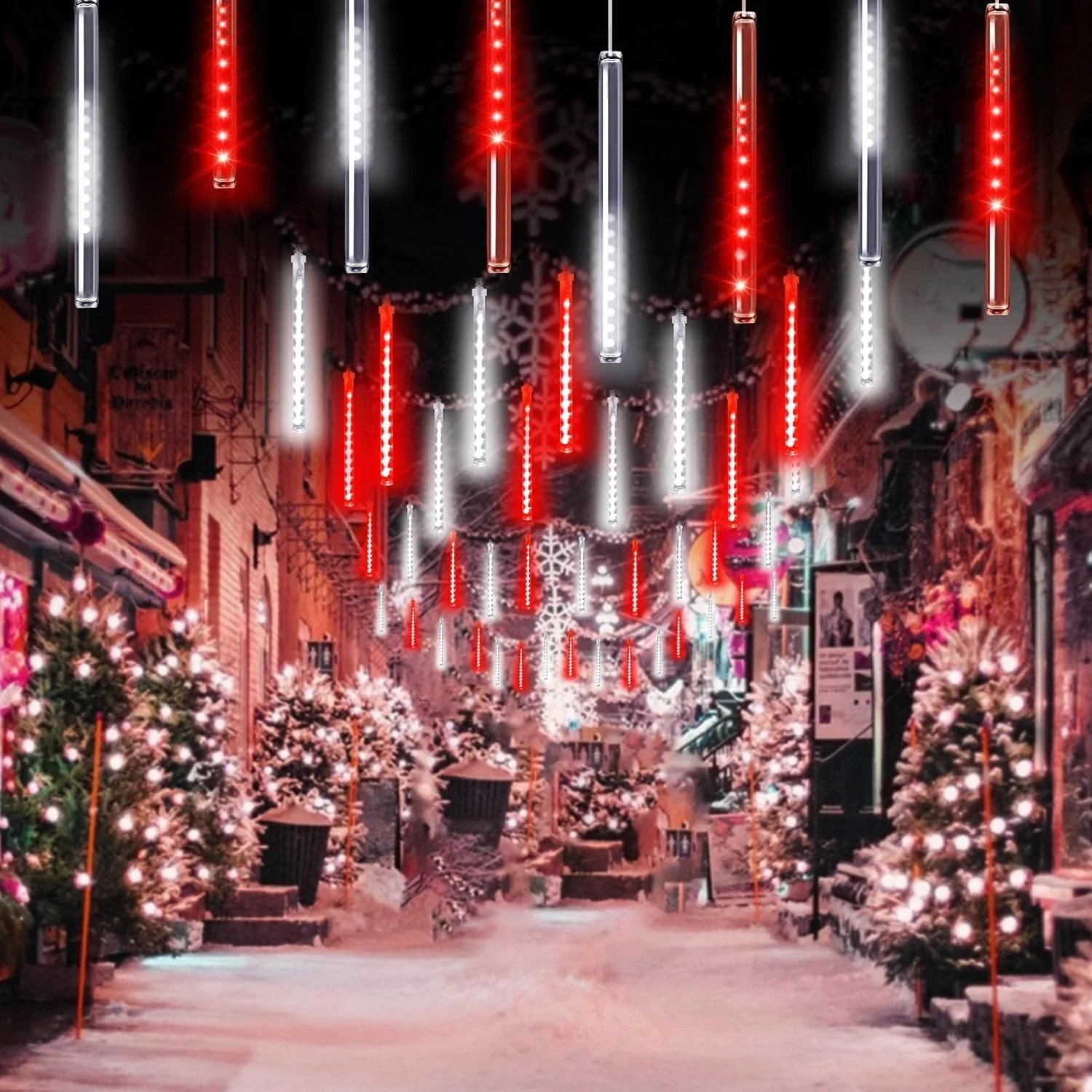 Solar Meteor Shower Lights Outdoor Decorations, Waterproof Christmas Lights Solar Powered, 16 Tubes 384LED Icicle String Light, Snow Cascading Raindrop Light for Tree Party Garden Decor(Red and White) - Image 8