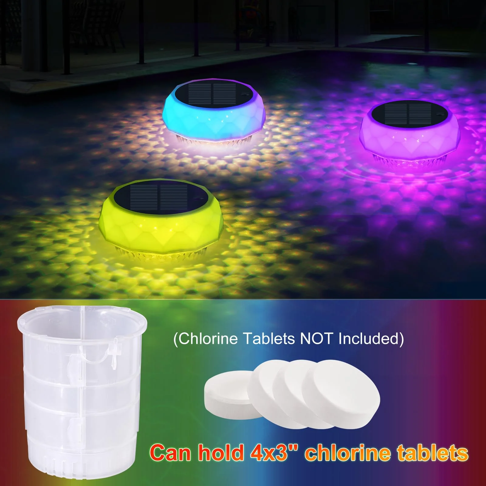 Solar Pool Chlorine Floater with Automatic Darkness-Sensing Light - Floating Dispenser Holds 3" Tablets (Not Included), Anti-Sinking Chlorinator & Bromine Holder for Pool SPA Party - Image 3