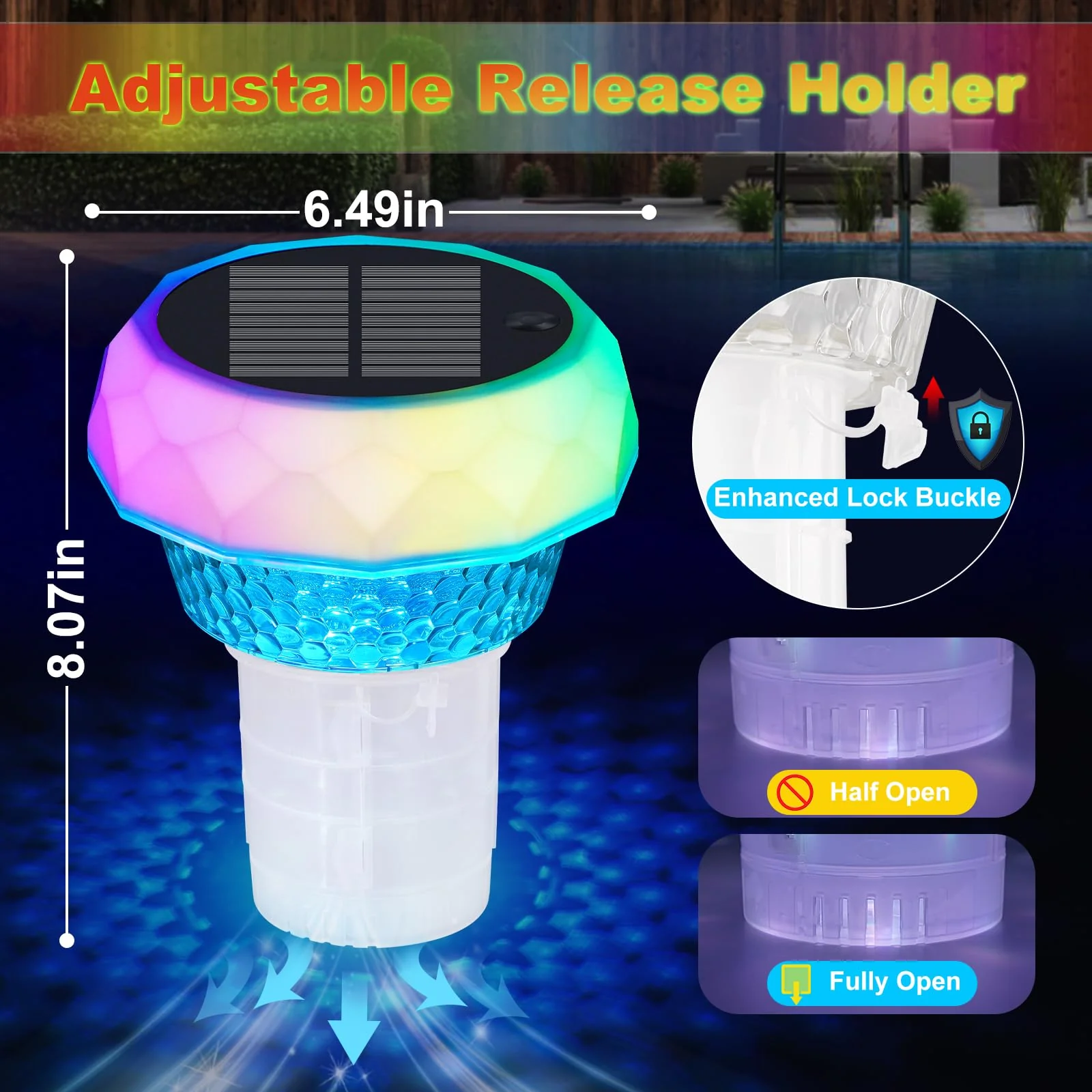 Solar Pool Chlorine Floater with Automatic Darkness-Sensing Light - Floating Dispenser Holds 3" Tablets (Not Included), Anti-Sinking Chlorinator & Bromine Holder for Pool SPA Party - Image 4