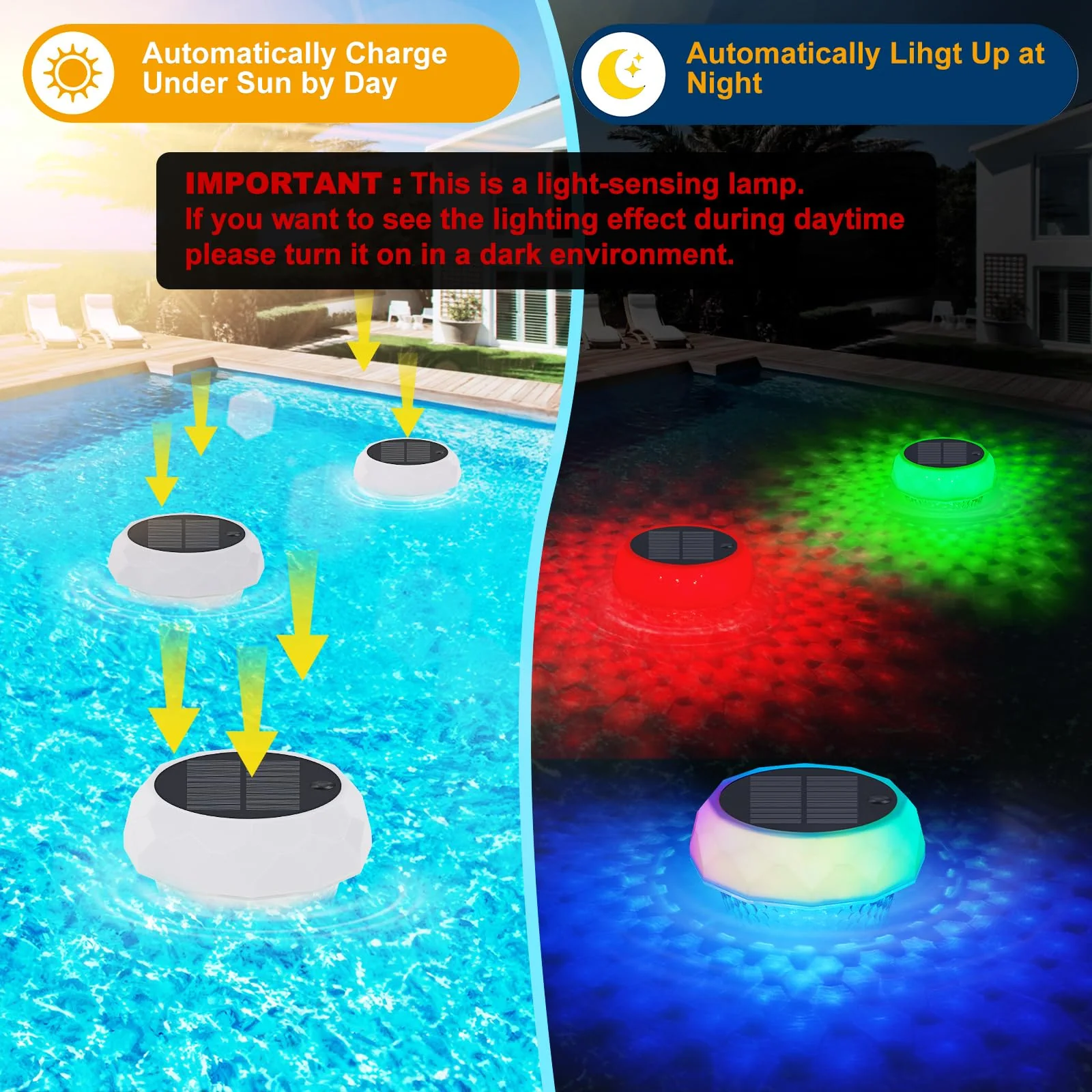 Solar Pool Chlorine Floater with Automatic Darkness-Sensing Light - Floating Dispenser Holds 3" Tablets (Not Included), Anti-Sinking Chlorinator & Bromine Holder for Pool SPA Party - Image 6