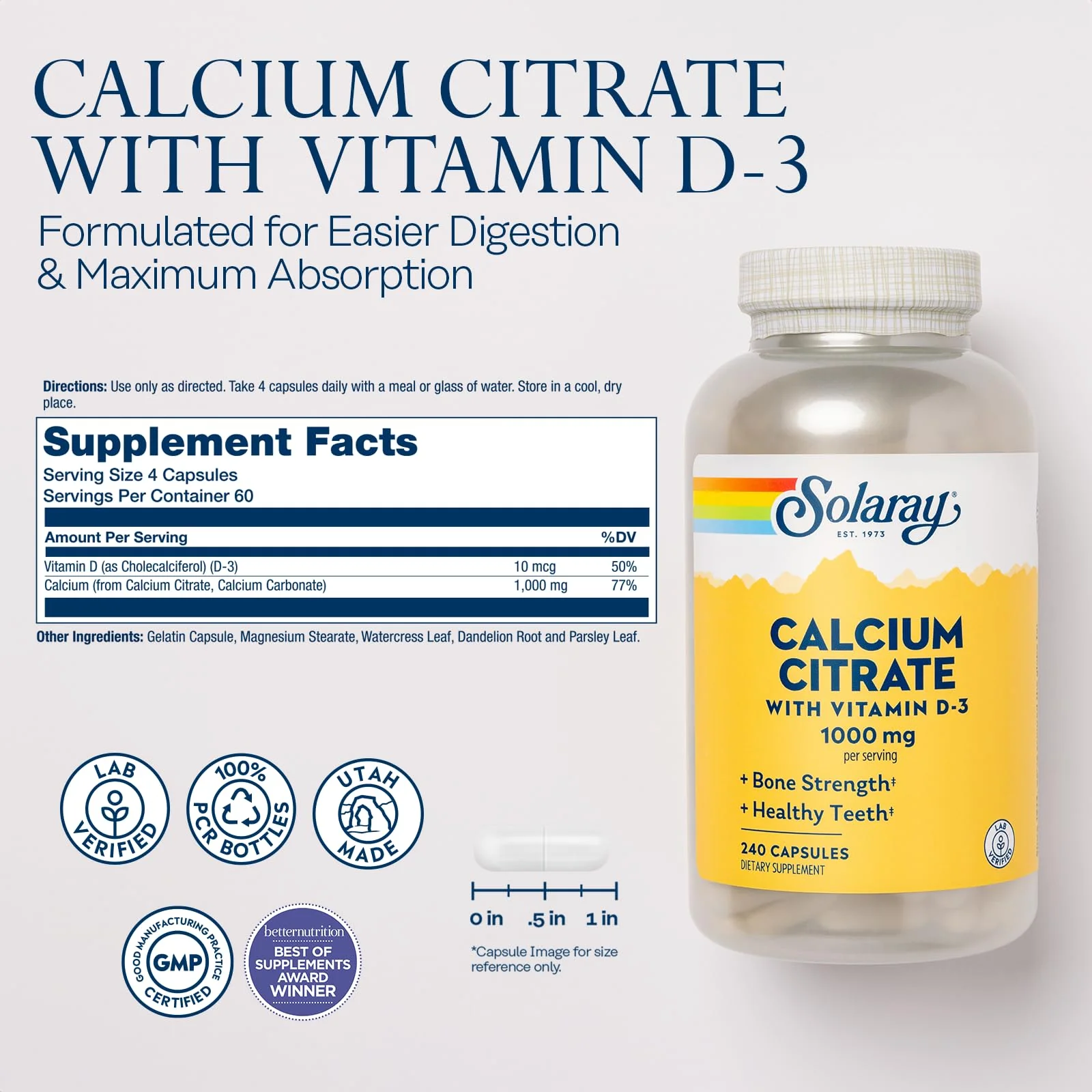 Solaray Calcium Citrate with Vitamin D3 1000mg - Bone Strength and Healthy Teeth Support - Gentle Digestion Formula - Lab Verified, 60-Day Guarantee - 60 Servings, 240 Capsules - Image 7