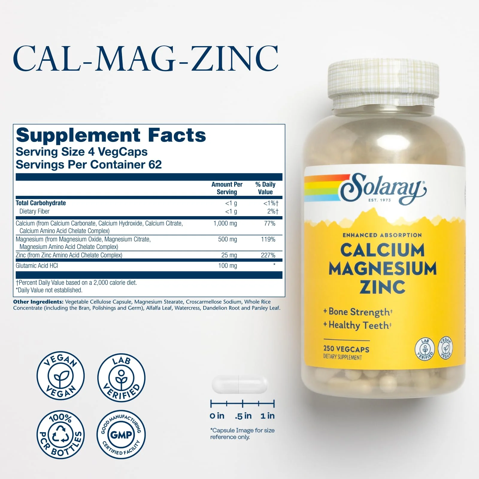 SOLARAY Calcium Magnesium Zinc Supplement - with Calcium 1000mg, Magnesium 500mg - Bone Health, Muscle Function, Heart Health and Immune Support - Vegan, 60 Day Guarantee, 62 Servings, 250 VegCaps - Image 2