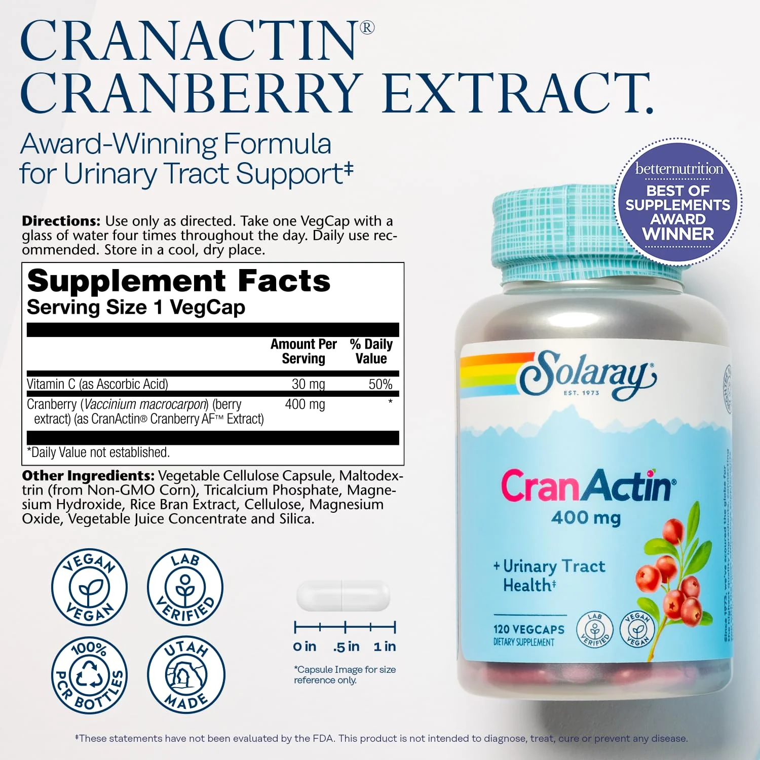 SOLARAY CranActin Cranberry Extract 400 mg - Cranberry Supplements for Women and Men - Bladder and Urinary Tract Health Support with Vitamin C - Vegan, 60-Day Guarantee, 120 Servings, 120 VegCaps - Image 9