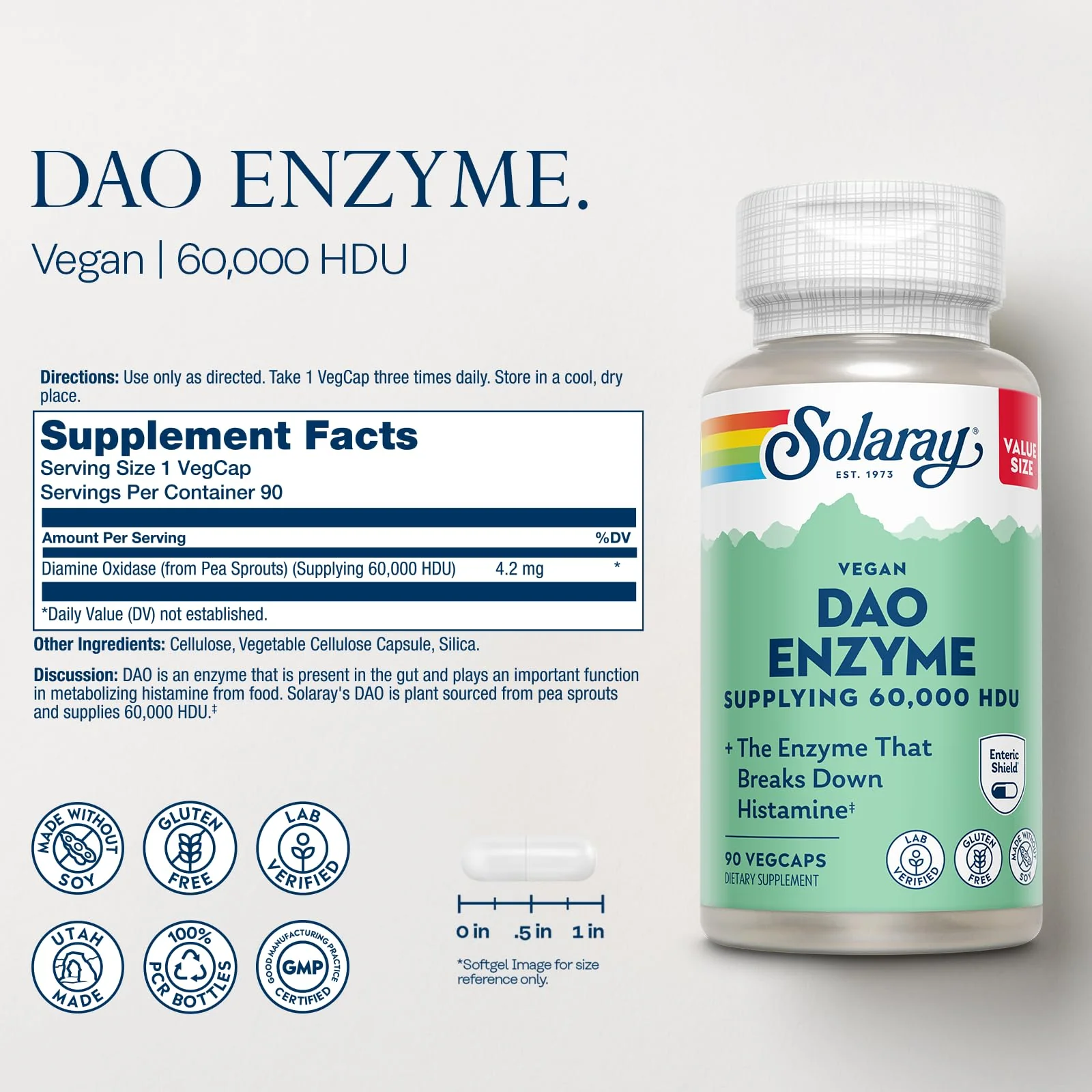 SOLARAY DAO Enzyme - Breaks Down Histamine - 60,000 HDU - Vegan, Gluten Free, Lab Verified - 90 Servings, 90 VegCaps - Image 2