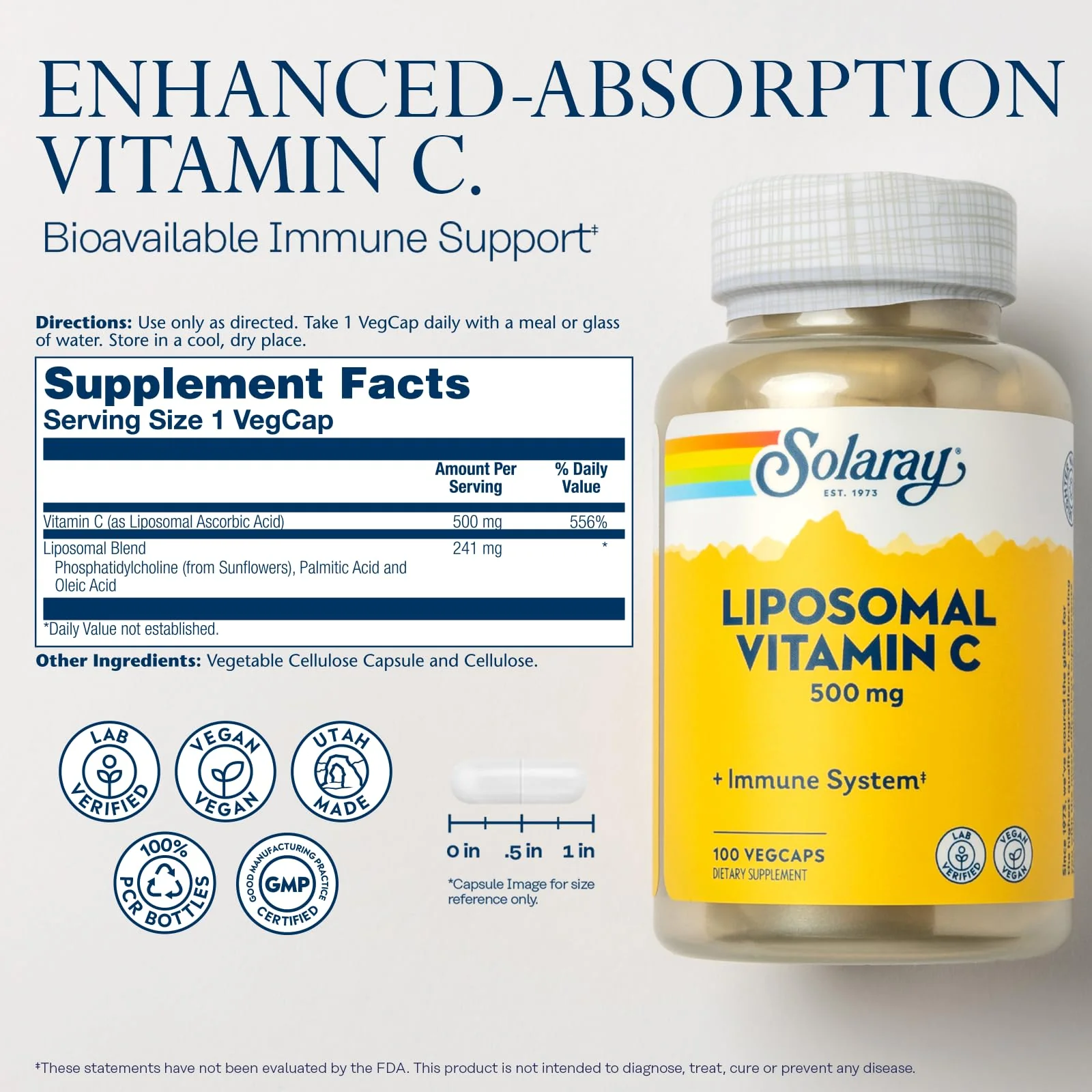 SOLARAY Liposomal Vitamin C 500mg - Enhanced Absorption Vitamin C Liposomal Blend with Fatty Acids - Antioxidant and Immune Support Supplement - Vegan, 60-Day Guarantee, 100 Servings, 100 VegCaps - Image 6