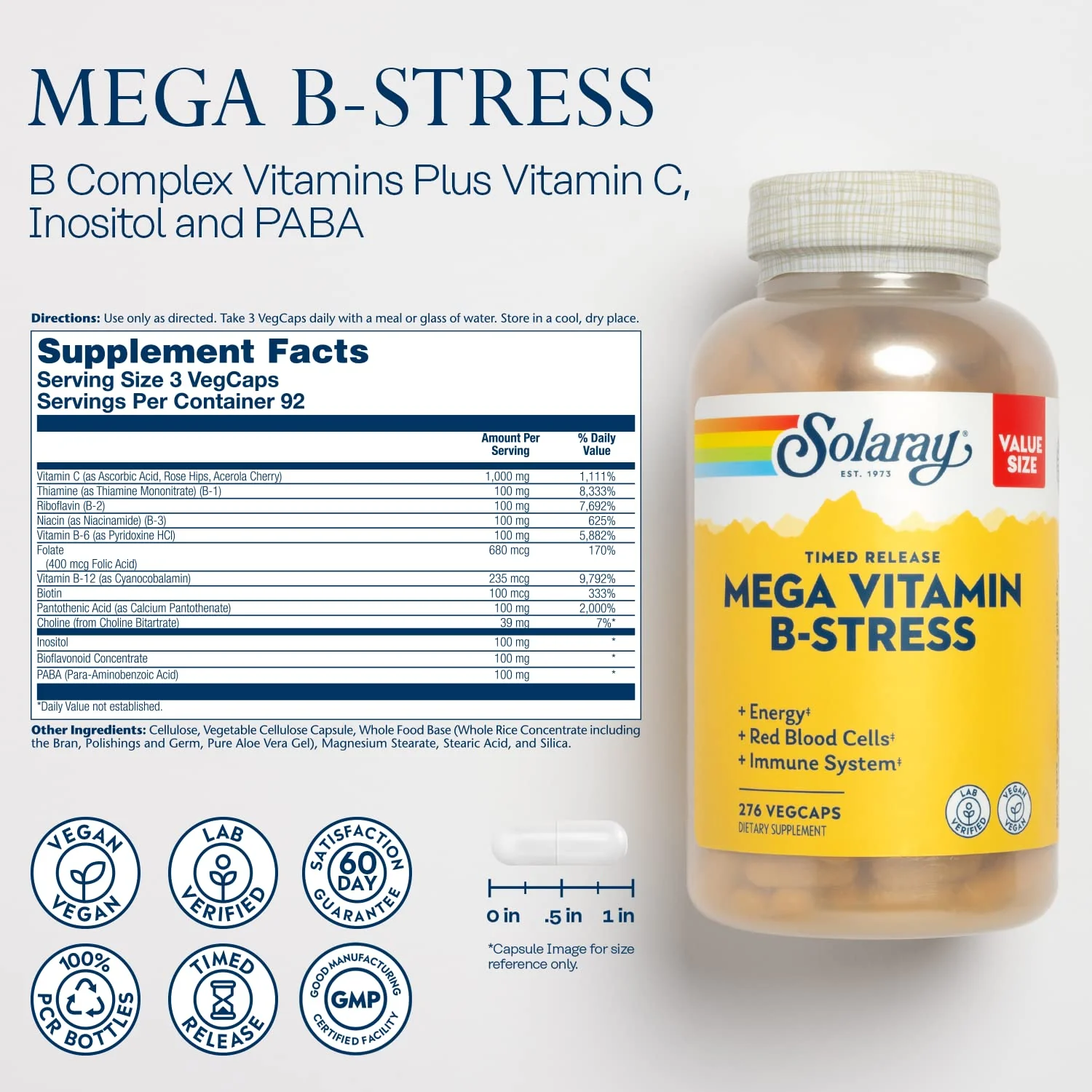 SOLARAY Mega Vitamin B-Stress - Timed Release Vitamin B Complex w/Vitamin B12, B6, Folic Acid, VIT. C - Stress, Energy, Red Blood Cell, Immune Support - Vegan, 60-Day Guarantee (276 CT) - Image 7