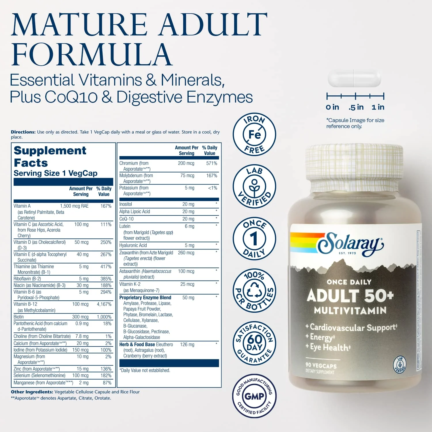 Solaray Once Daily Adult 50+ Complete Multivitamin for Women & Men, Essential Vitamins & Chelated Minerals for Healthy Energy, Heart, Brain & Immune Support, With CoQ10 & Lutein, Iron Free, 90 VegCaps - Image 7
