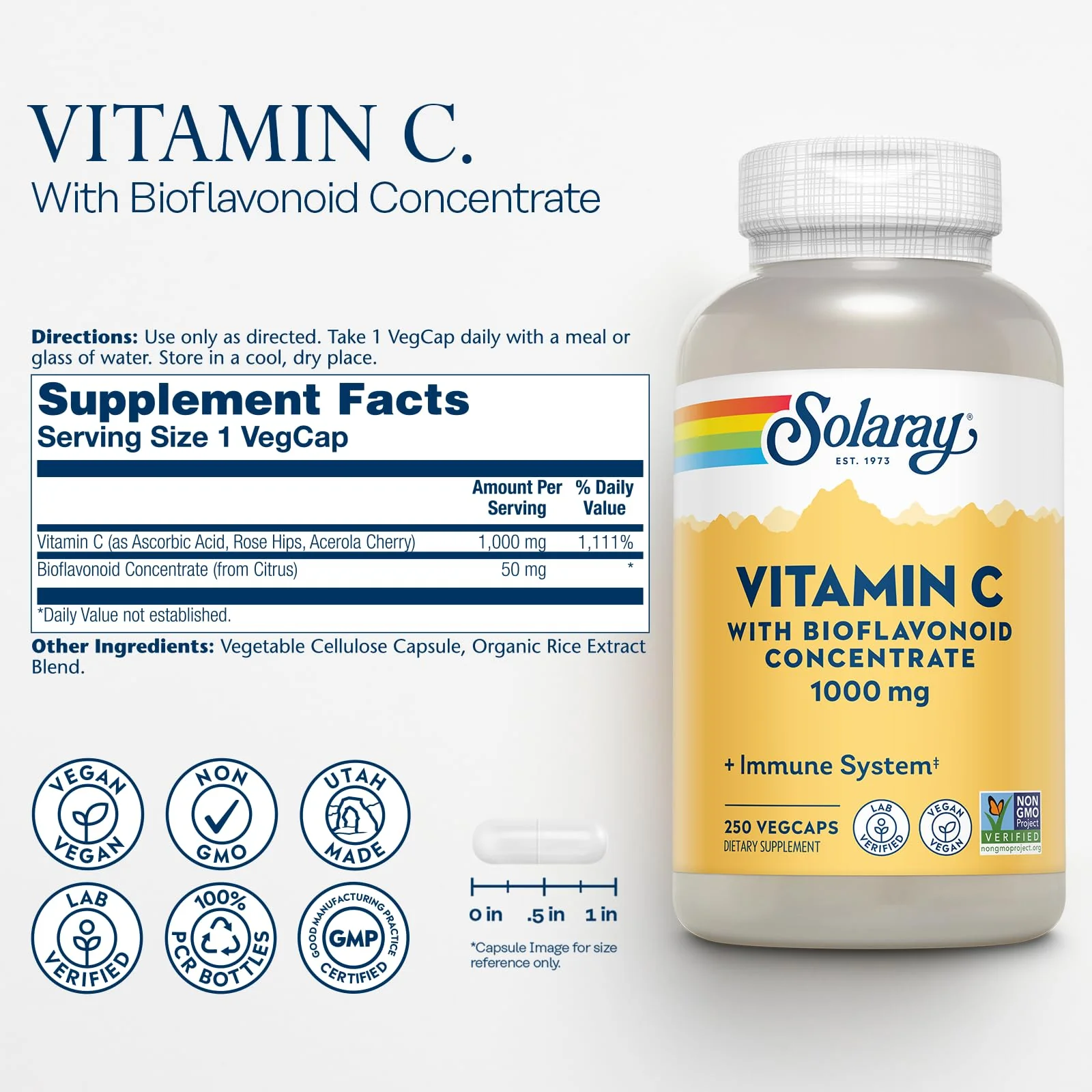 SOLARAY Vitamin C 1000mg with Bioflavonoids Concentrate - Vitamin C Capsules with Rose HIPS and Acerola Cherry - Antioxidant, Heart Health and Immune Support Supplement, Vegan, Non-GMO, 250 Servings - Image 6