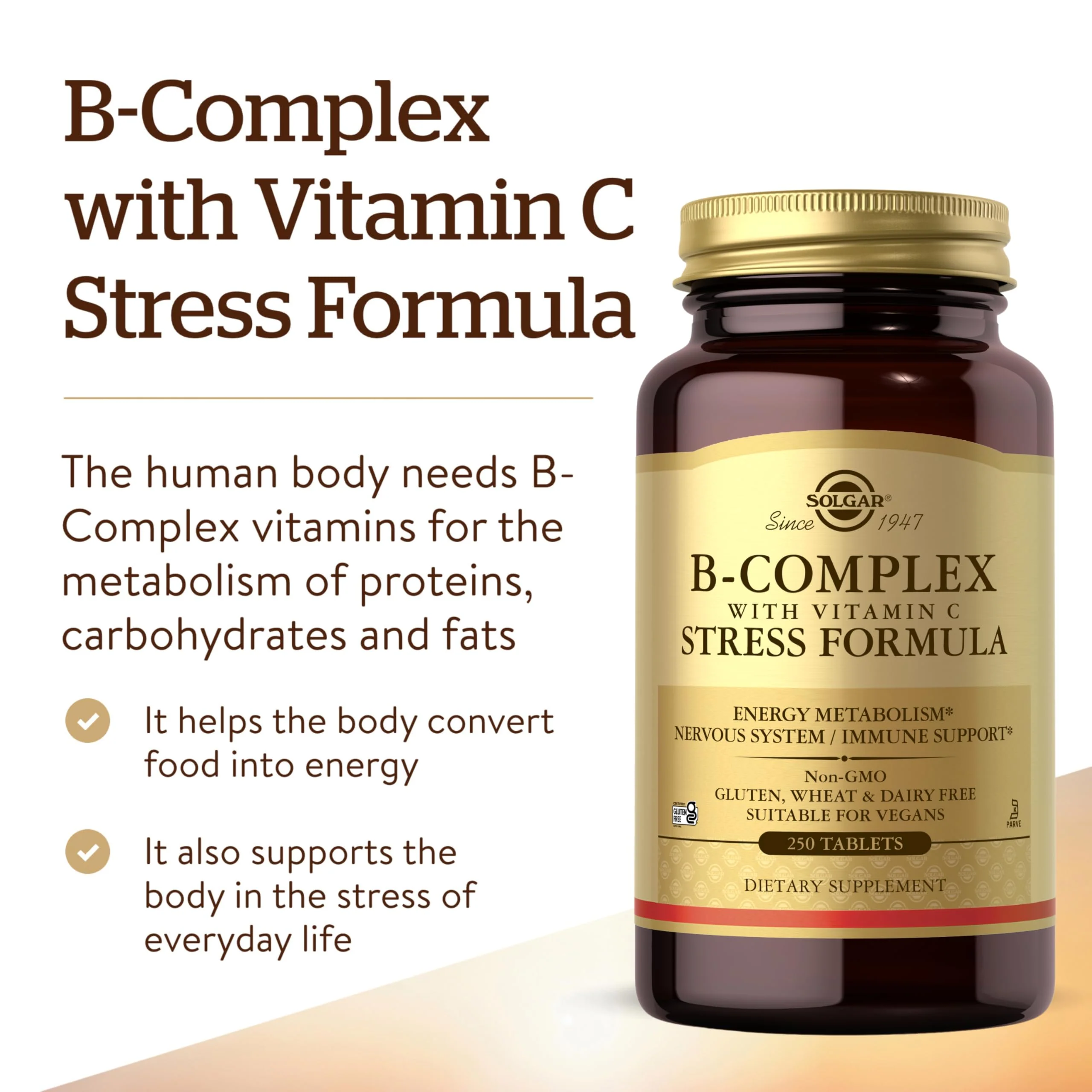 Solgar B-Complex with Vitamin C Stress Formula, 250 Tablets - Energy Metabolism, Nervous System & Immune Support - Non-GMO, Vegan, Gluten Free, Dairy Free, Kosher - 125 Servings - Image 5