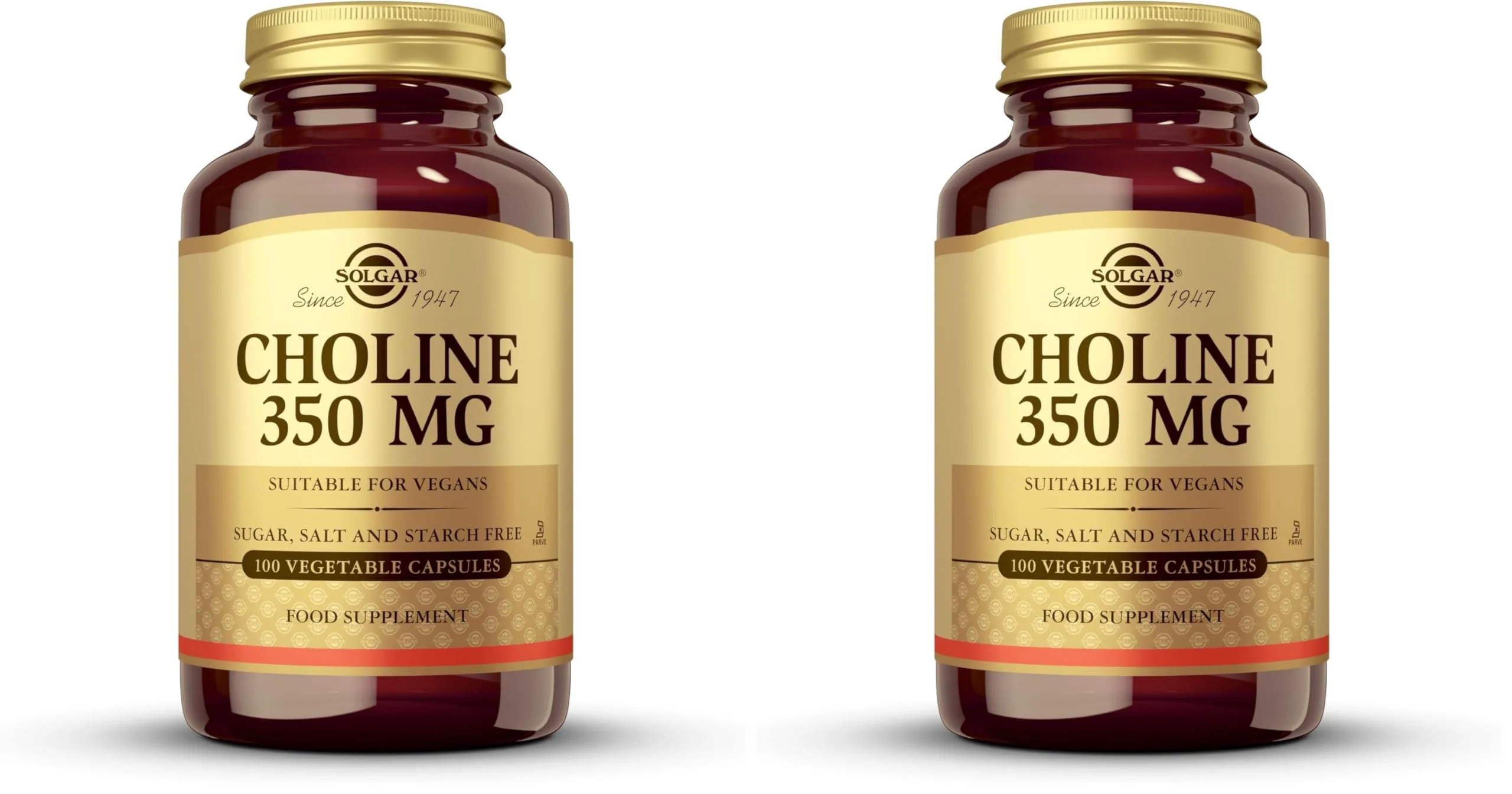 Solgar Choline 350 mg, 100 Vegetable Capsules - Supports Healthy Brain & Cellular Function - Vegan, Gluten Free, Dairy Free, Kosher - 100 Servings,(Pack of 2)