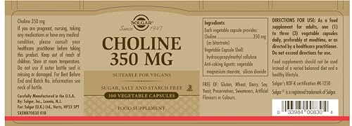 Solgar Choline 350 mg, 100 Vegetable Capsules - Supports Healthy Brain & Cellular Function - Vegan, Gluten Free, Dairy Free, Kosher - 100 Servings,(Pack of 2) - Image 8