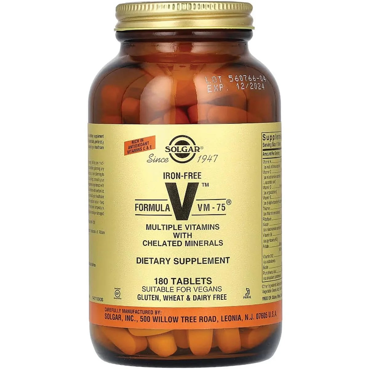 Solgar Iron-Free Formula VM-75, 180 Tablets - Multivitamin with Chelated Minerals - Vitamin A, B6, B12, C, D, E - Biotin, Magnesium, Calcium, Zinc - Vegan, Gluten & Dairy Free, Kosher - 180 Servings - Image 5