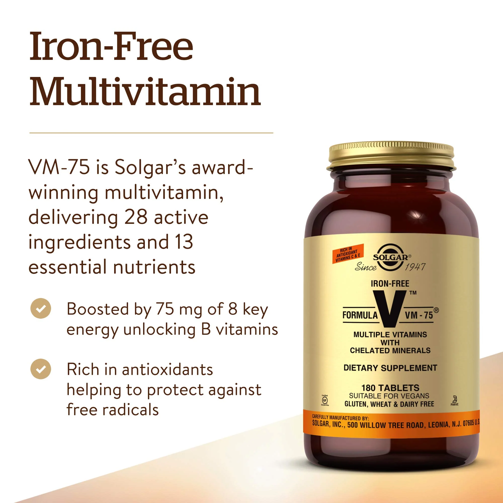 Solgar Iron-Free Formula VM-75, 180 Tablets - Multivitamin with Chelated Minerals - Vitamin A, B6, B12, C, D, E - Biotin, Magnesium, Calcium, Zinc - Vegan, Gluten & Dairy Free, Kosher - 180 Servings - Image 6