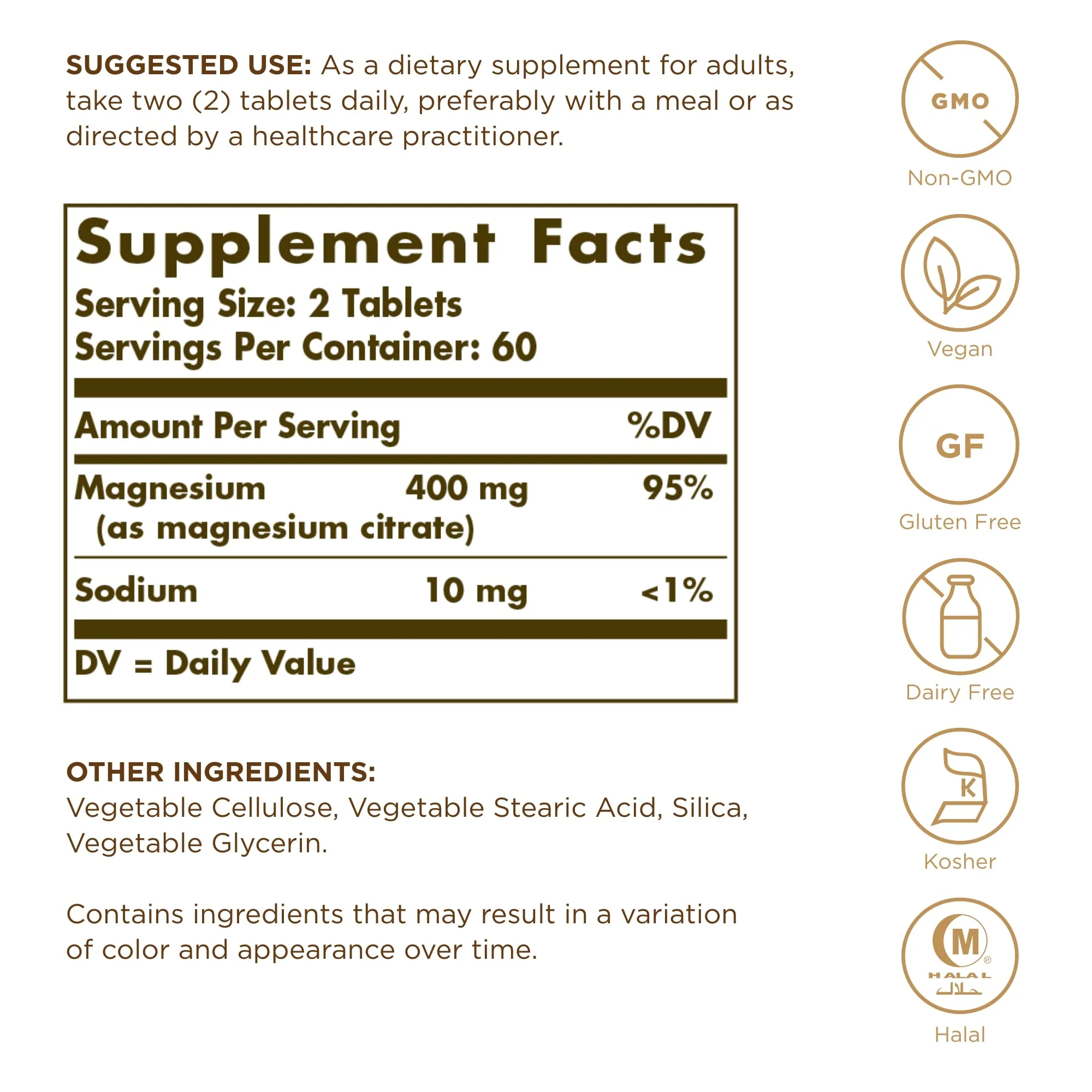 Solgar Magnesium Citrate - 120 Tablets, Pack of 2 - Promotes Healthy Bones, Supports Nerve & Muscle Function - Highly Absorbable - Non-GMO, Vegan, Gluten Free, Kosher - 120 Total Servings - Image 6