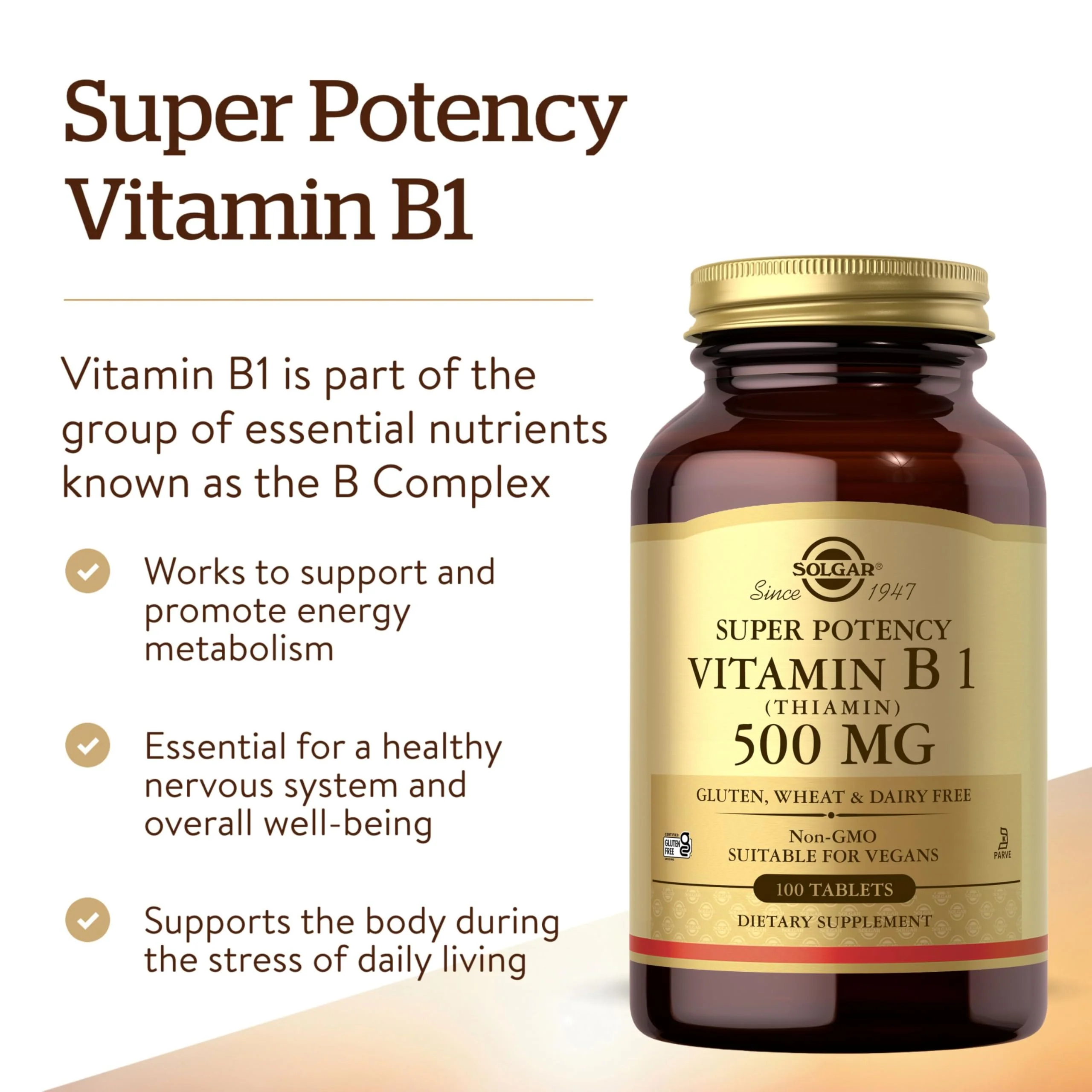 Solgar Vitamin B1 (Thiamin) 500 mg, 100 Tablets - Energy Metabolism, Healthy Nervous System, Overall Well-Being - Super Potency - Non-GMO, Vegan, Gluten Free, Dairy Free - 100 Servings - Image 5