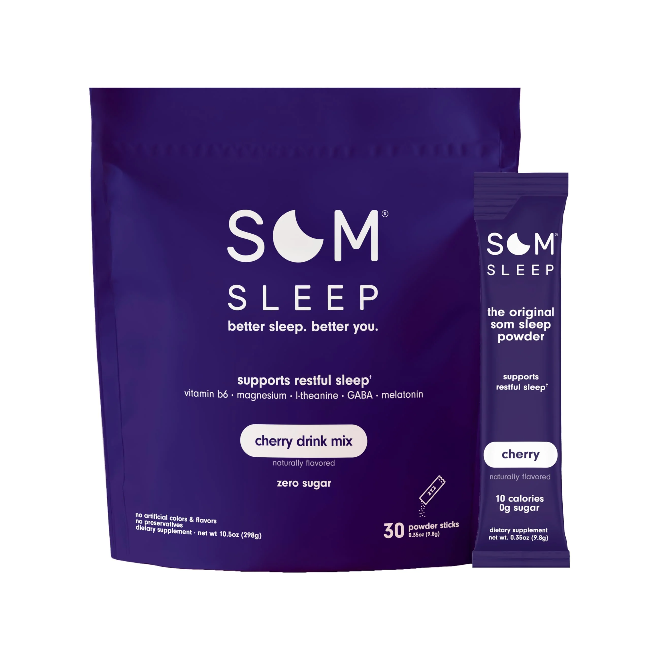 Som Sleep, Calm Sleep Aid Powder Drink Mix, 3mg Melatonin, Magnesium, Vitamin B6, L-Theanine & GABA – Vegan, Zero Sugar, Keto Friendly – Cherry, 30-Pack