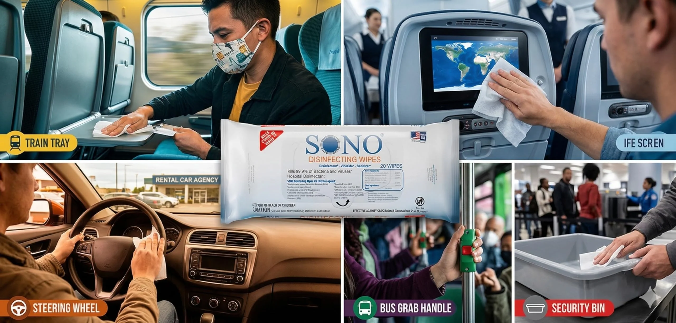 SONO Disinfecting Wipes - 60 Count (Pack of 3) + Sanitizer, Travel Size, Alcohol-Free, No Bleach, Medical-Grade, Multi-Surface Cleaning for School, Office, and On-The-Go - Image 8