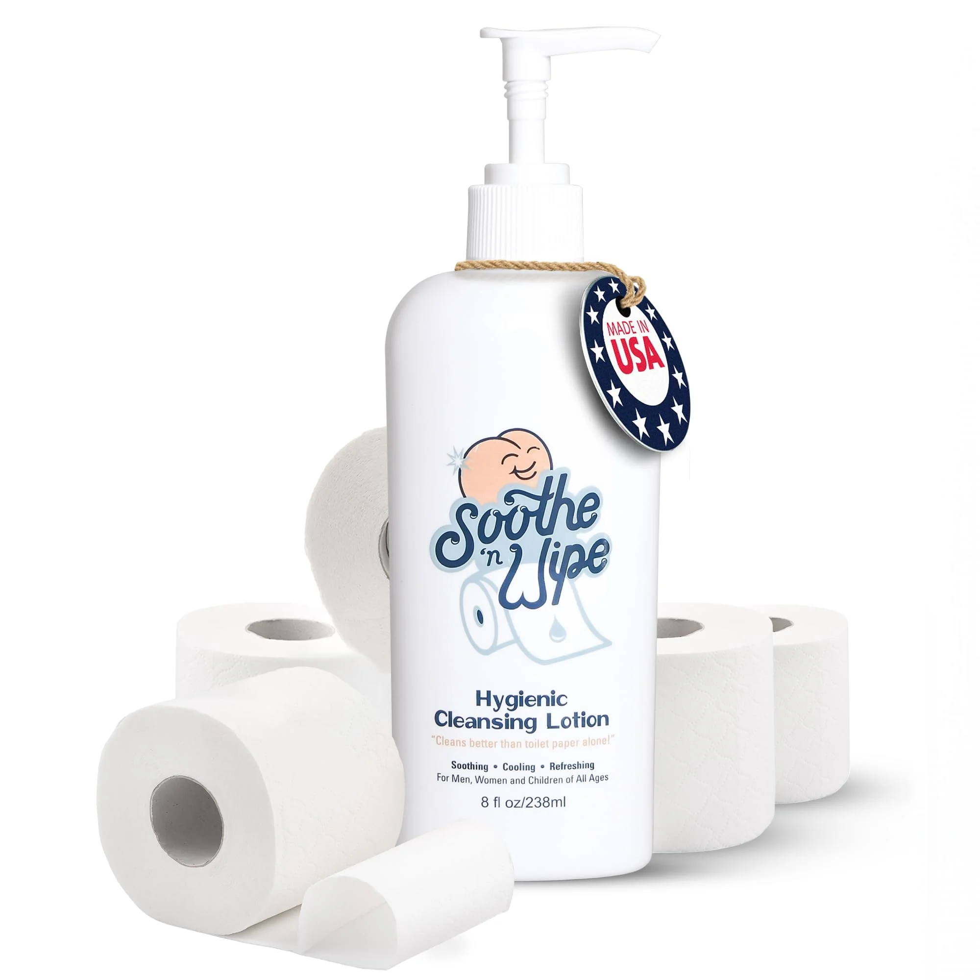 SOOTHE 'N WIPE Hygienic Cleansing Lotion – Toilet Sanitizer Paper Moisturizer with Aloe & Mineral Oil, Flushable Wipe Alternative Cleaning Lotion, Septic Safe Personal Bathroom Hygiene Pump, 8 Oz