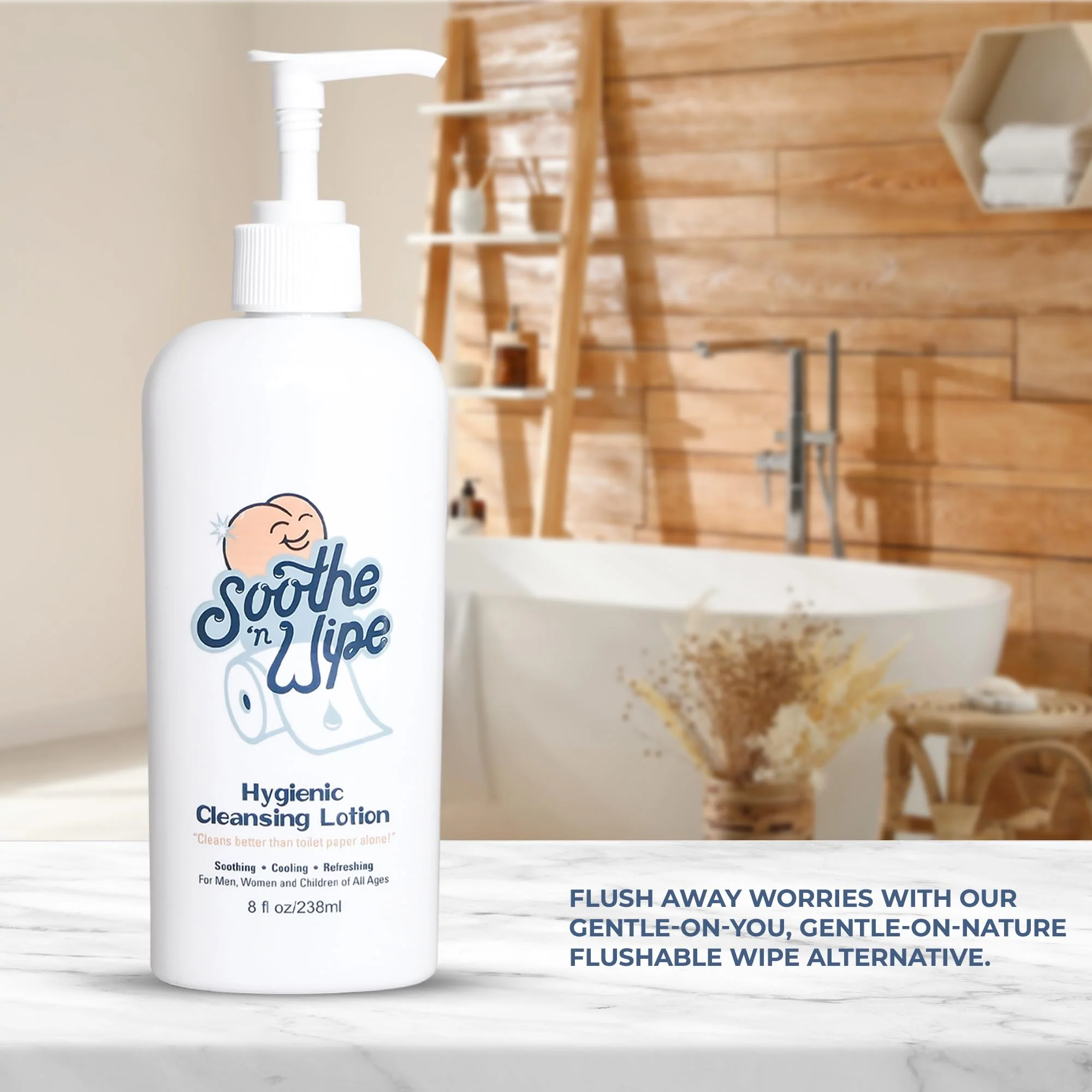 SOOTHE 'N WIPE Hygienic Cleansing Lotion – Toilet Sanitizer Paper Moisturizer with Aloe & Mineral Oil, Flushable Wipe Alternative Cleaning Lotion, Septic Safe Personal Bathroom Hygiene Pump, 8 Oz - Image 2