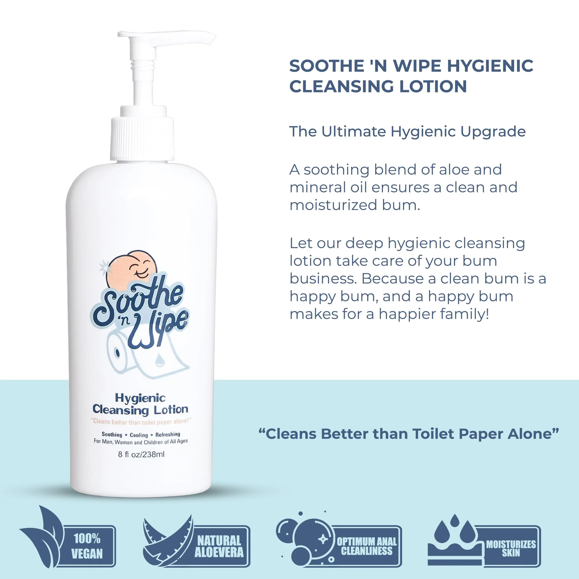 SOOTHE 'N WIPE Hygienic Cleansing Lotion – Toilet Sanitizer Paper Moisturizer with Aloe & Mineral Oil, Flushable Wipe Alternative Cleaning Lotion, Septic Safe Personal Bathroom Hygiene Pump, 8 Oz - Image 4