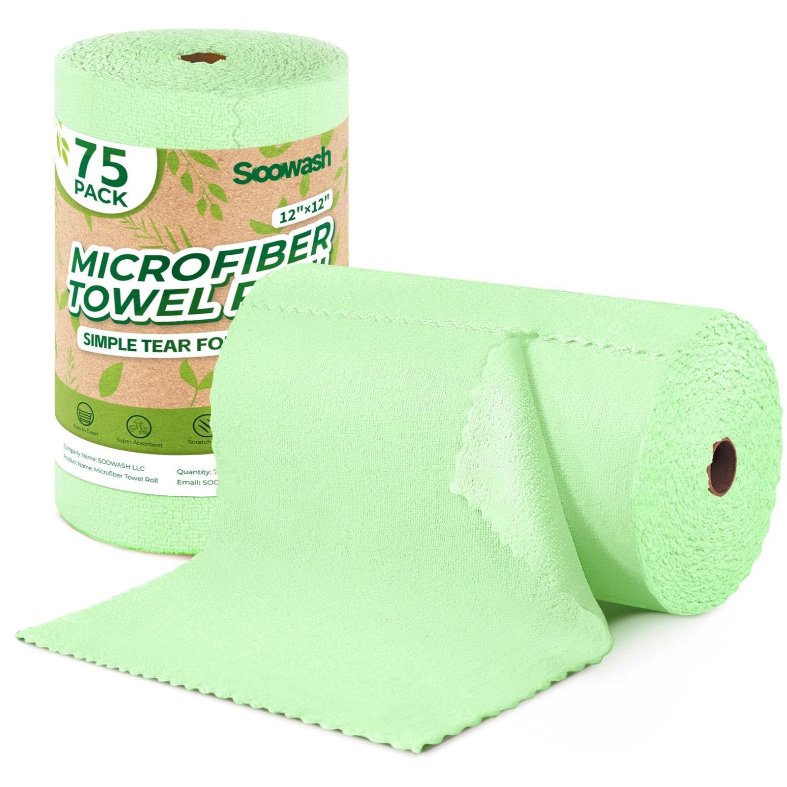SOOWASH Microfiber Cleaning Cloths Roll, 75 Pack Tear Away Microfiber Towels Roll, 12" x 12" Lint Free Rags, Reusable Cleaning Cloths, Washable, Scratch Free,Ultra Absorbent Dish Rags(Green)