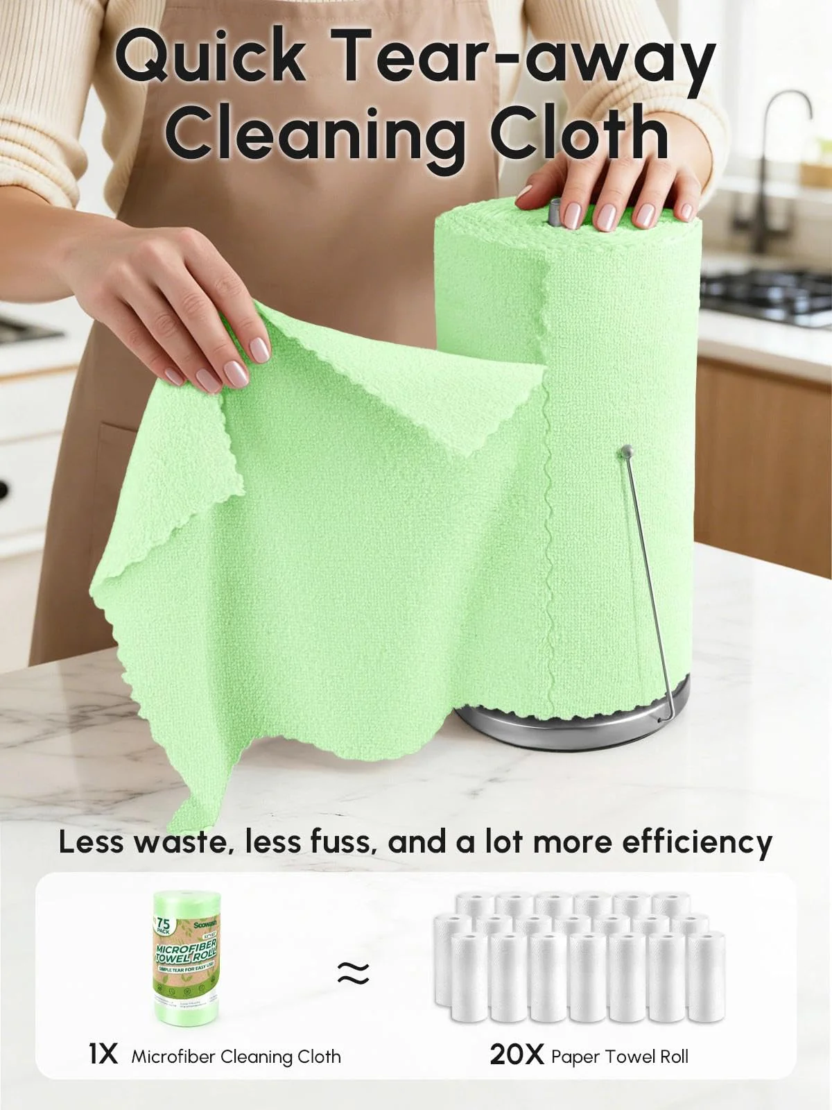 SOOWASH Microfiber Cleaning Cloths Roll, 75 Pack Tear Away Microfiber Towels Roll, 12" x 12" Lint Free Rags, Reusable Cleaning Cloths, Washable, Scratch Free,Ultra Absorbent Dish Rags(Green) - Image 8