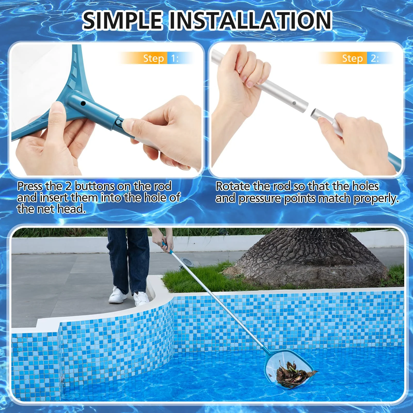 SORSWEET Professional Pool Skimmer Net 57 inch with 4 Aluminum Poles - Fine Mesh for Fast Debris Removal - Ideal Pool Nets for Cleaning Ponds, Spas, and Hot Tubs - Efficient Pool Maintenance - Image 2